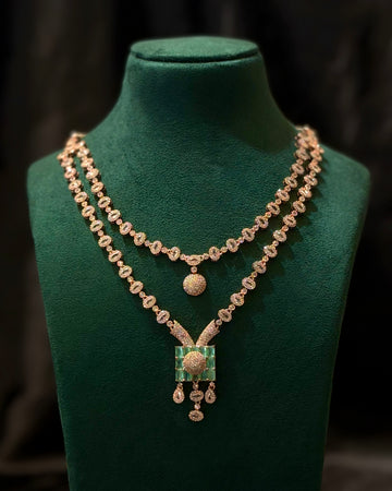 Rose Gold Finish Double Layer Necklace Set with Green Stone Pendant | L9814