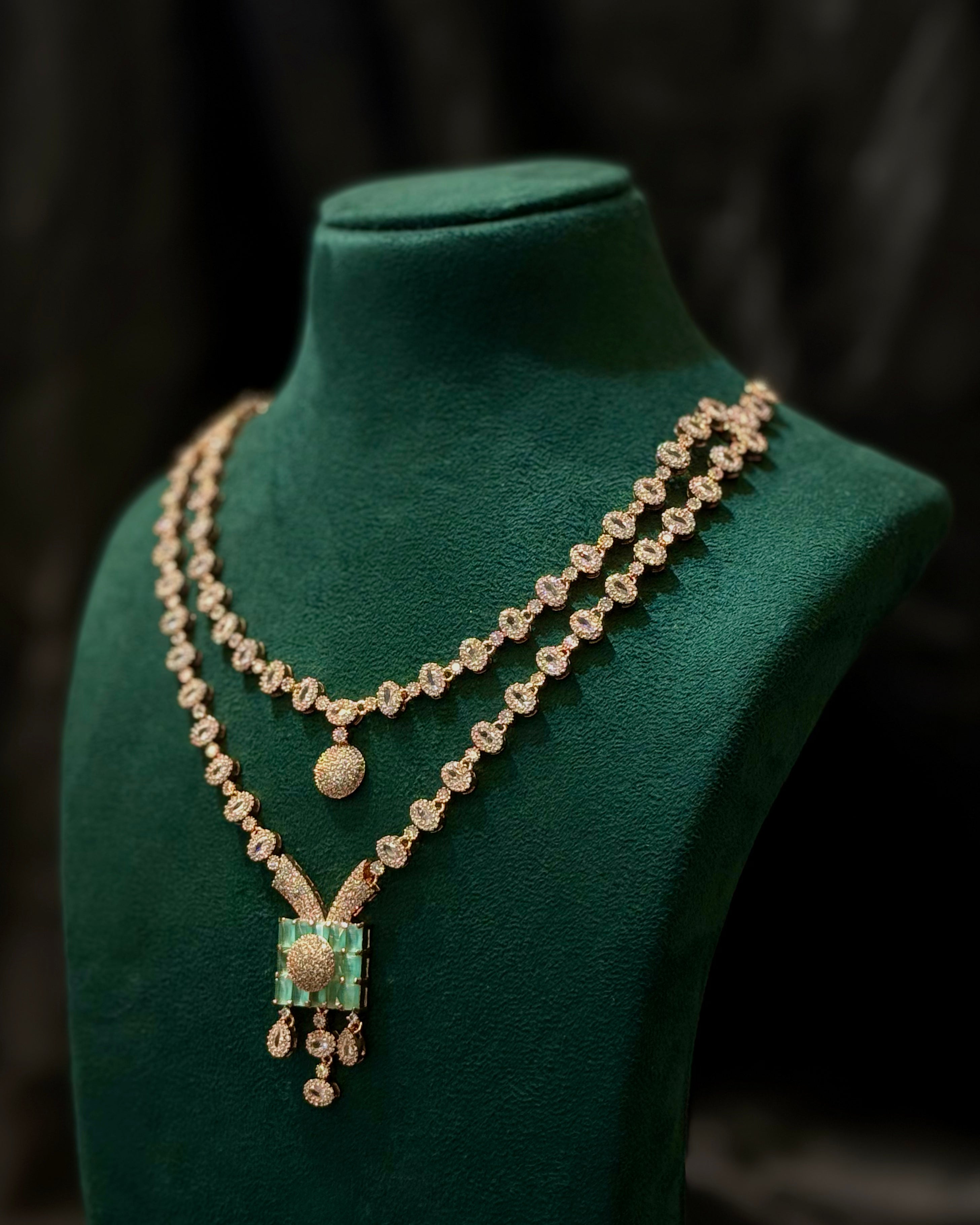 Rose Gold Finish Double Layer Necklace Set with Green Stone Pendant | L9814