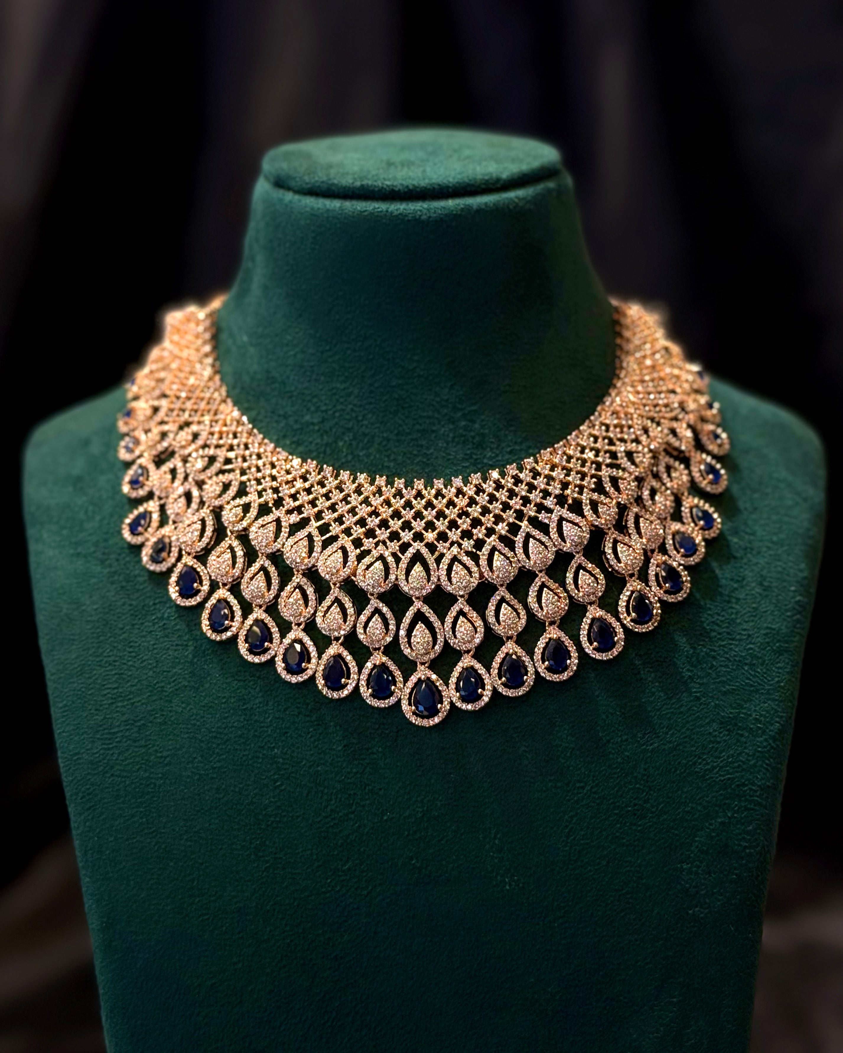 Rose Gold Finish Blue Stone Bridal Choker Necklace | L9820