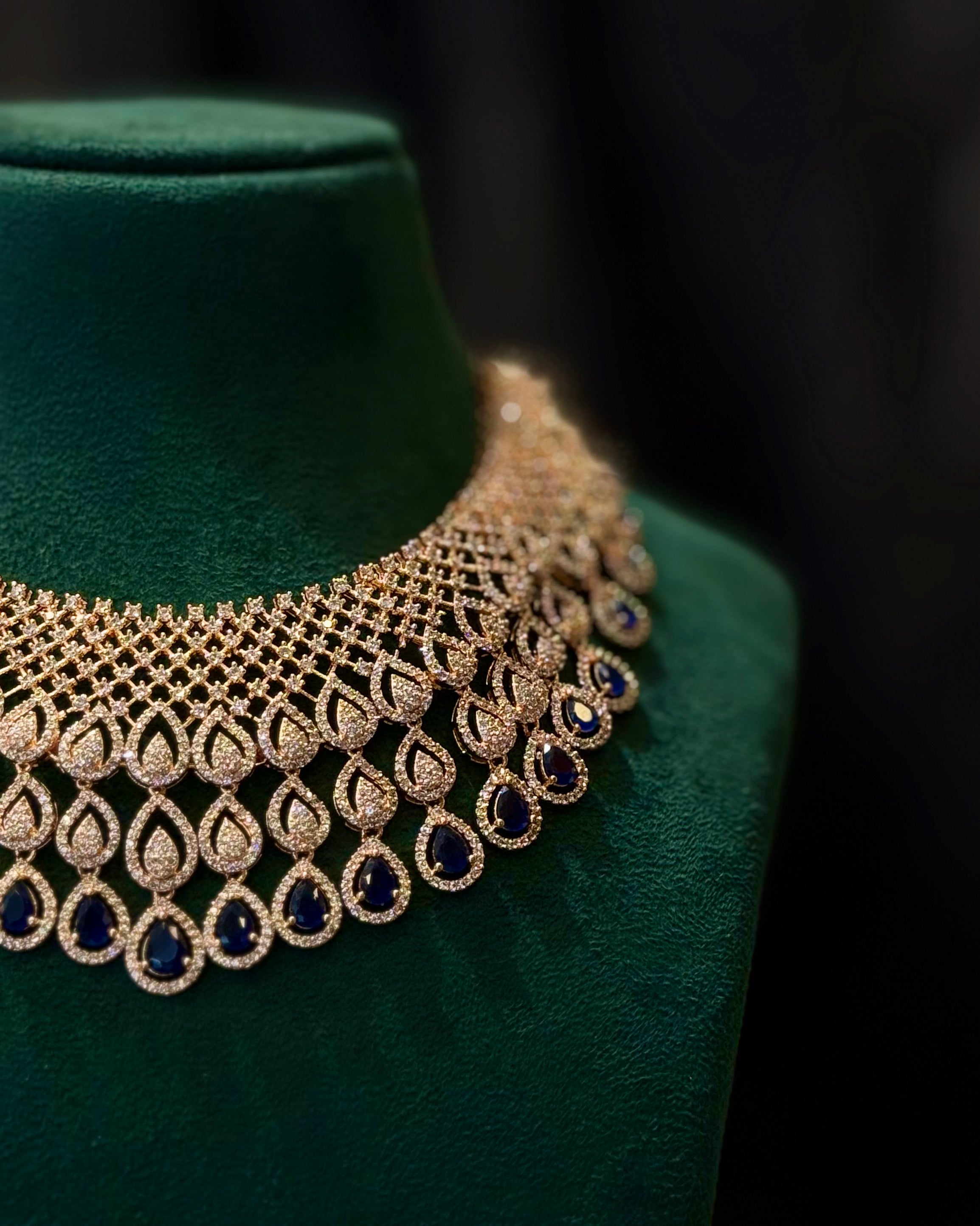 Rose Gold Finish Blue Stone Bridal Choker Necklace | L9820