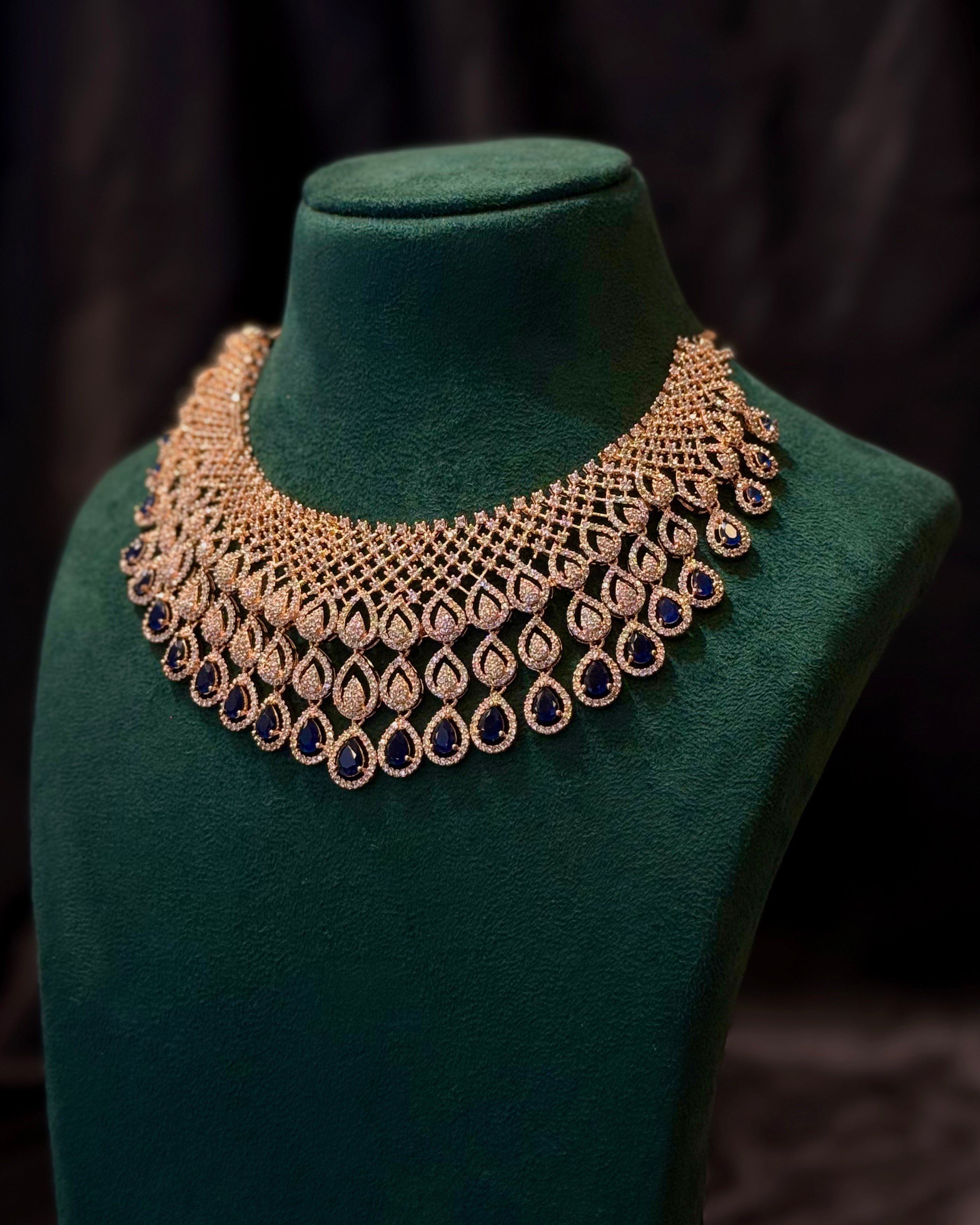 Rose Gold Finish Blue Stone Bridal Choker Necklace | L9820