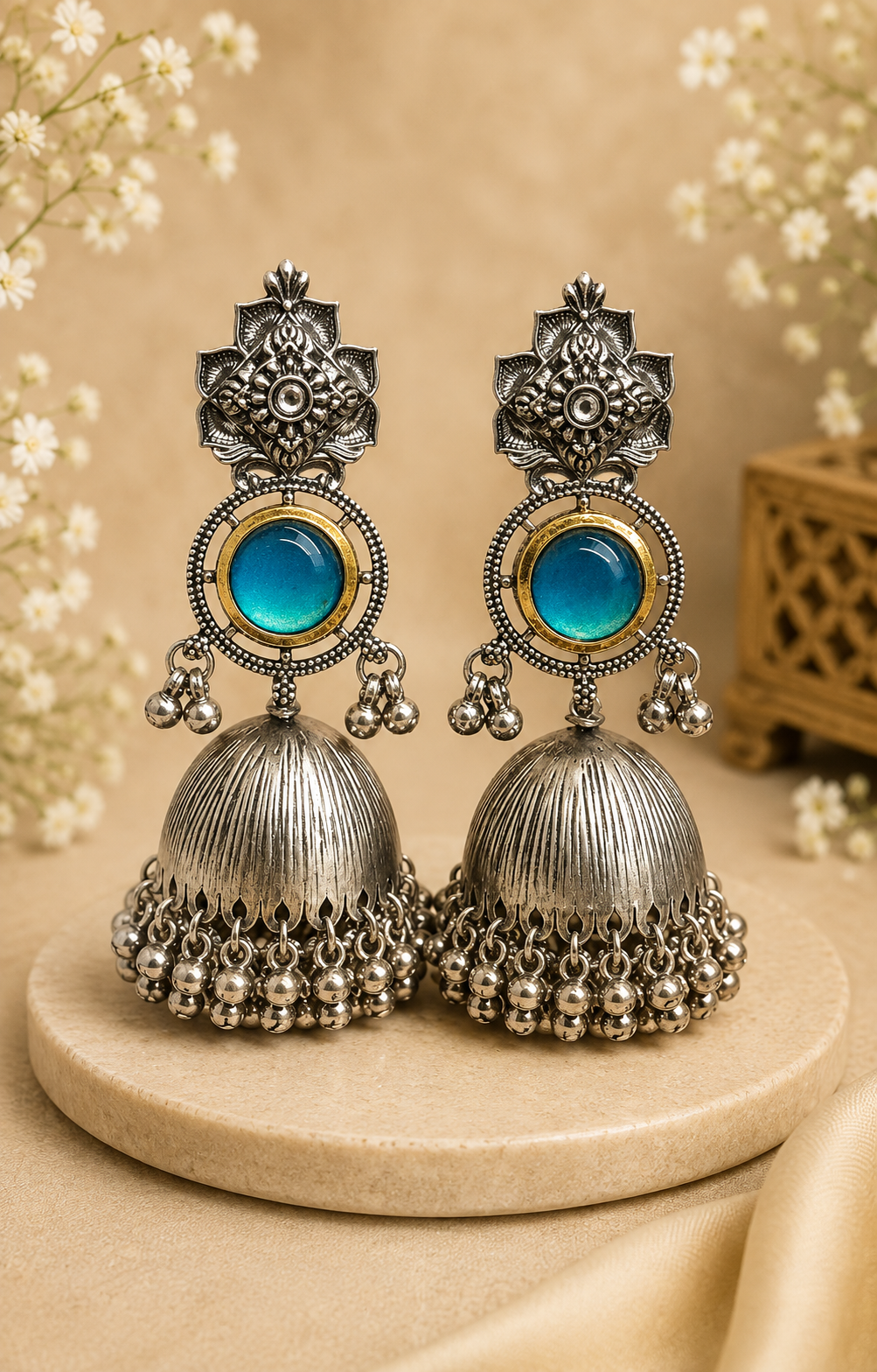 Blue Stone Oxidized Jhumka Earrings - P1 | L9843