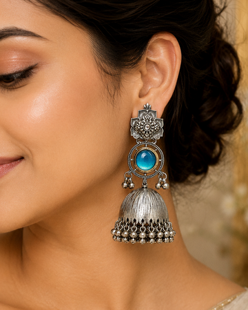 Blue Stone Oxidized Jhumka Earrings - P1 | L9843