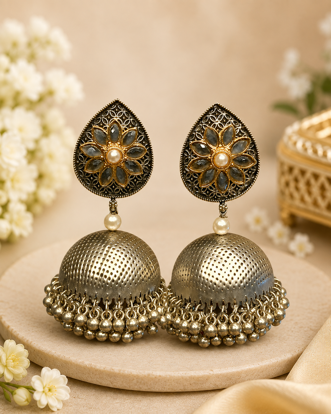 Oxidized Silver Floral Stone Jhumka Earrings with Pearl Detail - P1 | L9845