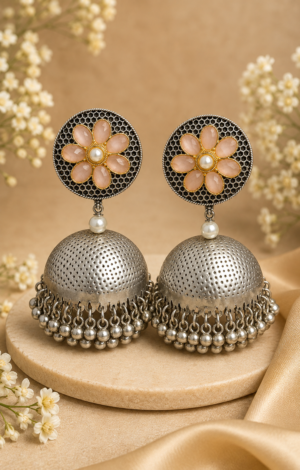 Oxidized Silver Floral Jhumka Earrings - P2 | L9845