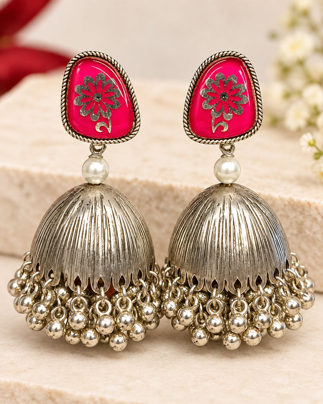 Pink Floral Oxidized Jhumka Earrings | L9847