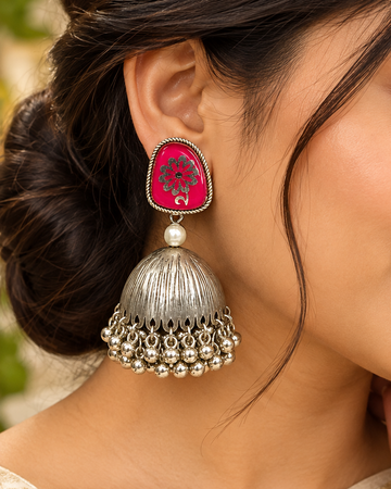 Pink Floral Oxidized Jhumka Earrings | L9847