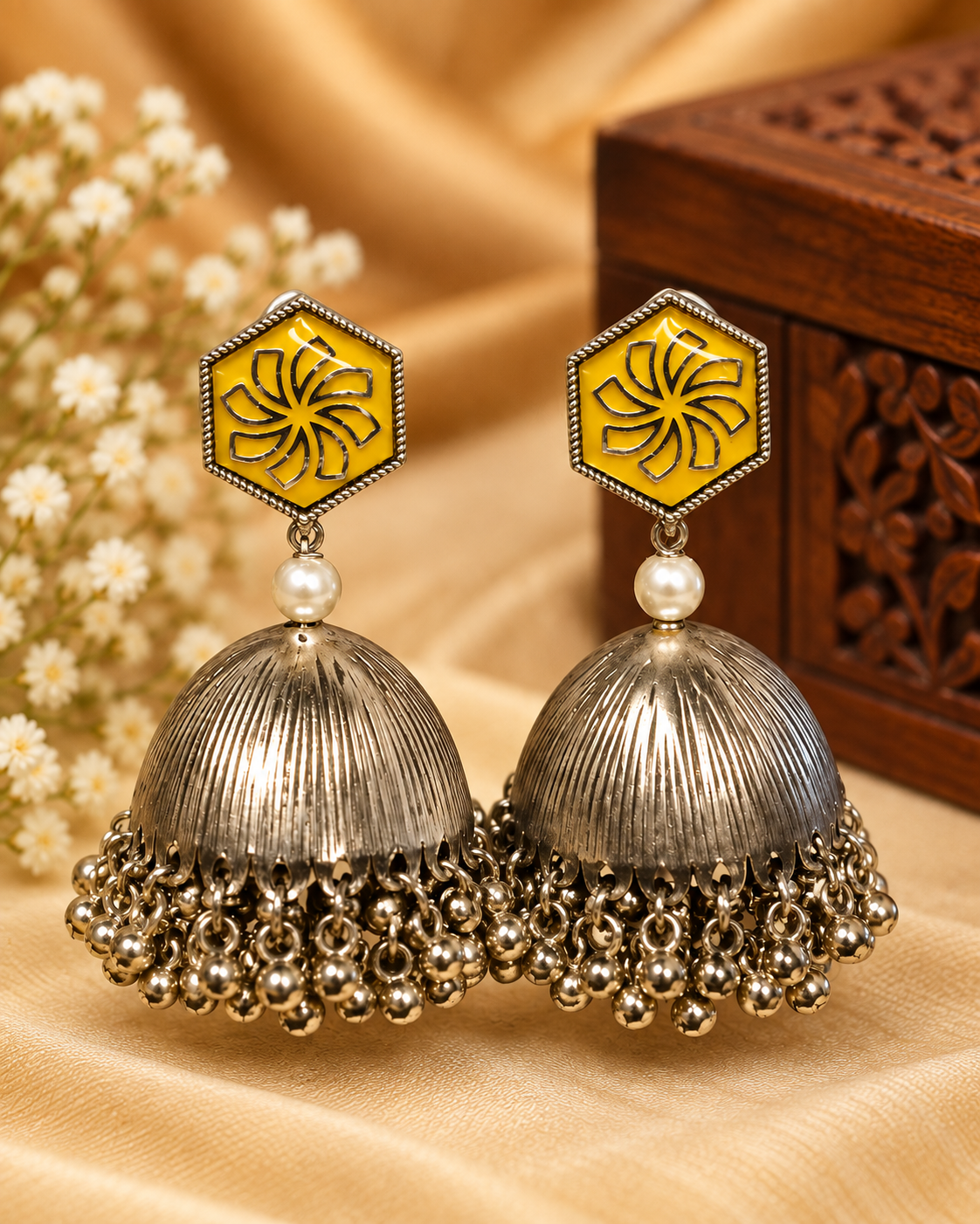 Yellow Floral Oxidized Jhumka Earrings | L9853