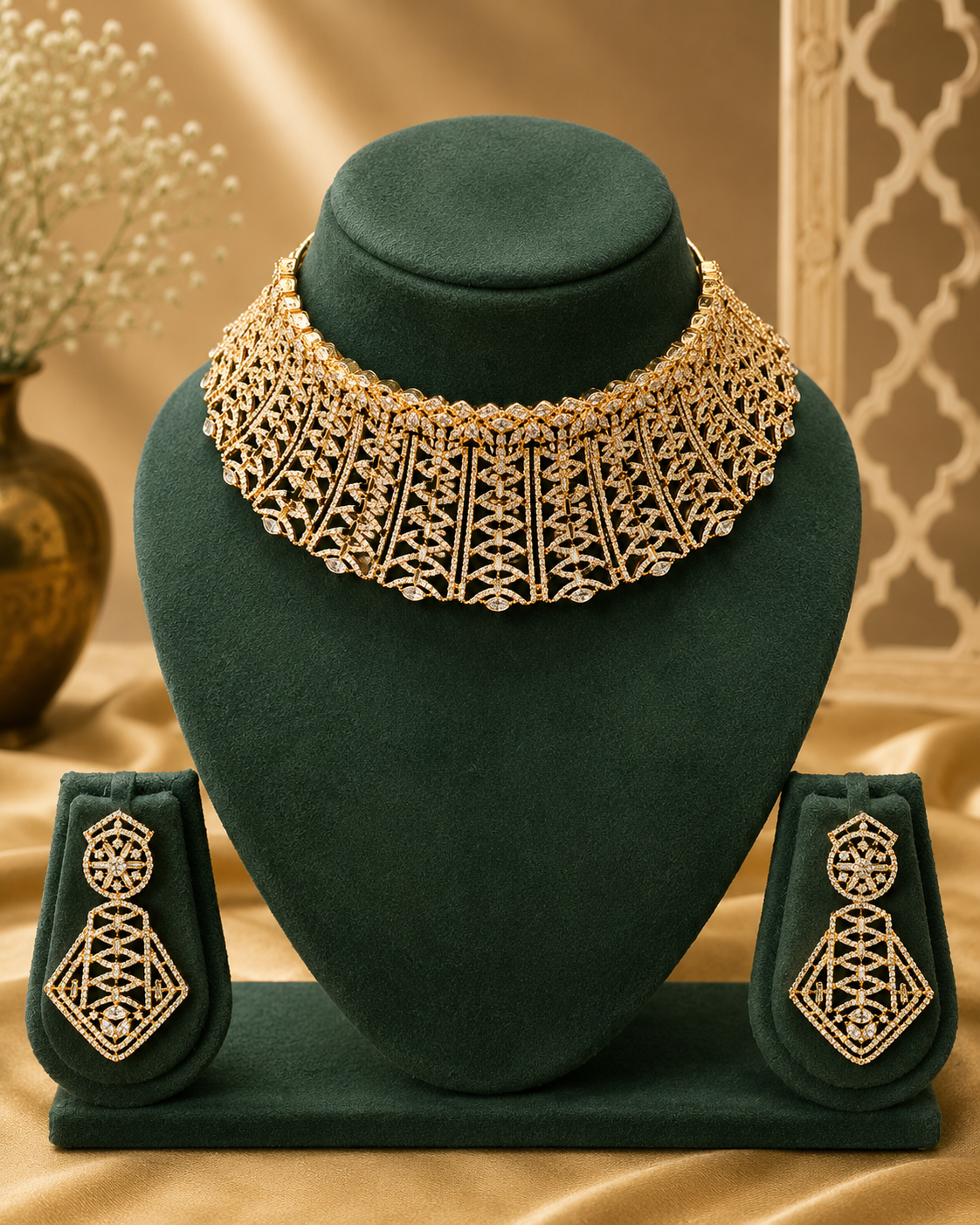 Gold CZ Diamond Geometric Lattice Bridal Choker Necklace Set with Earrings | L9959
