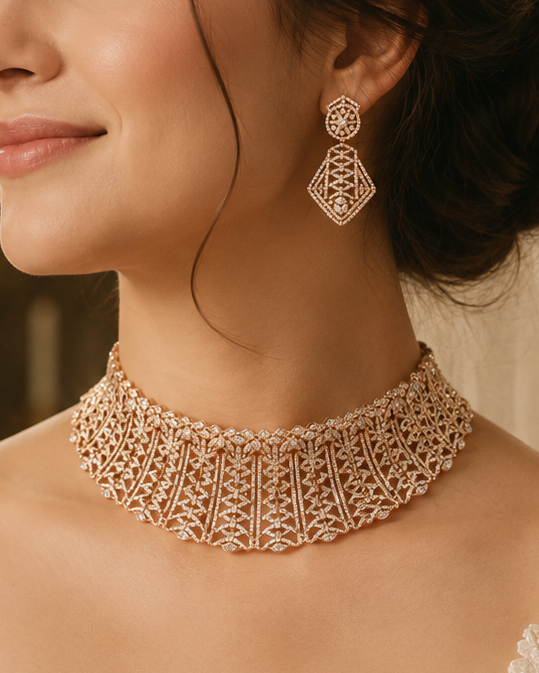 A bride wearing a sparkling rose gold choker necklace and matching drop earrings, with a white lace wedding dress and veil in a softly lit church setting.
