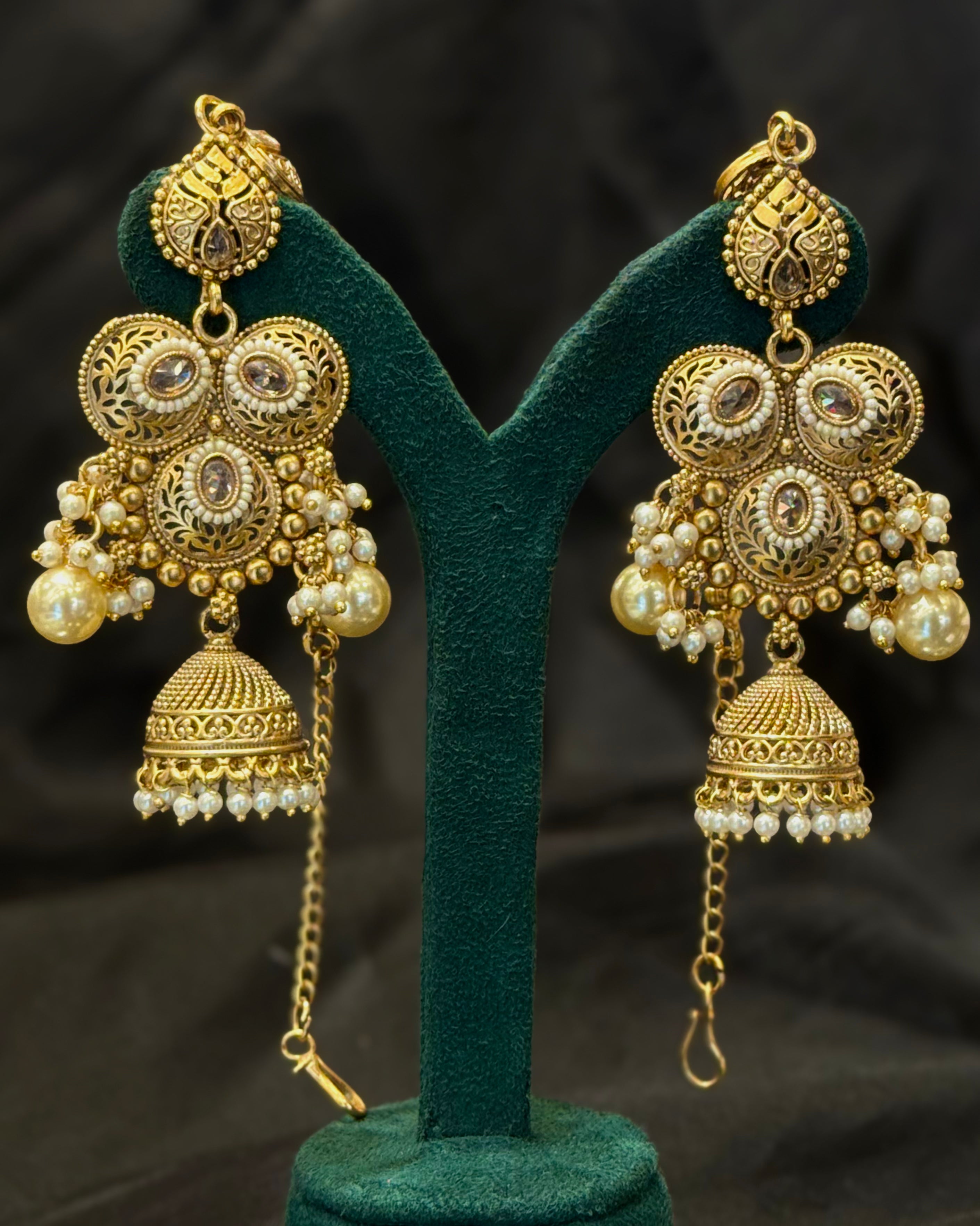 Gold Finish Long Pearl Necklace Set with Traditional Pendant and Matching Jhumka Earrings | LA8238
