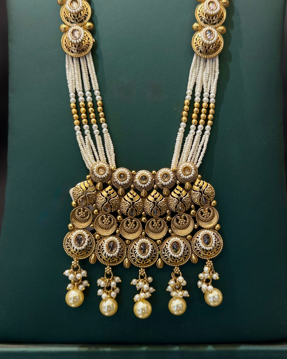 Gold Finish Long Pearl Necklace Set with Traditional Pendant and Matching Jhumka Earrings | LA8238