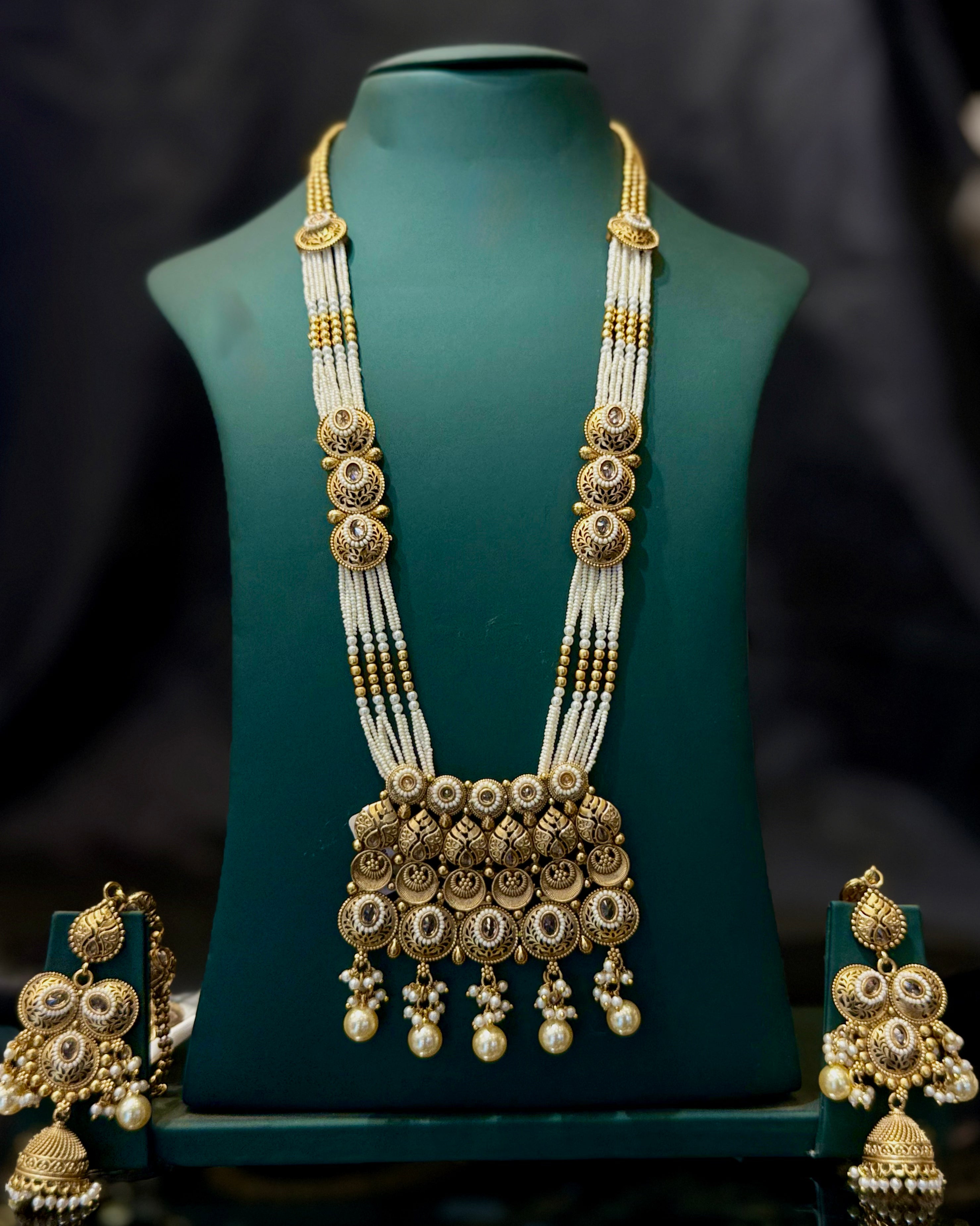 Gold Finish Long Pearl Necklace Set with Traditional Pendant and Matching Jhumka Earrings | LA8238