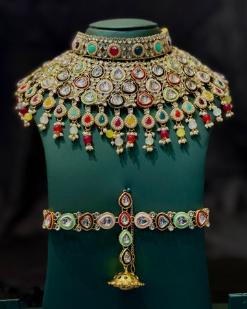 Multicolour Gold Finish Bridal Choker Necklace Set | LA8689