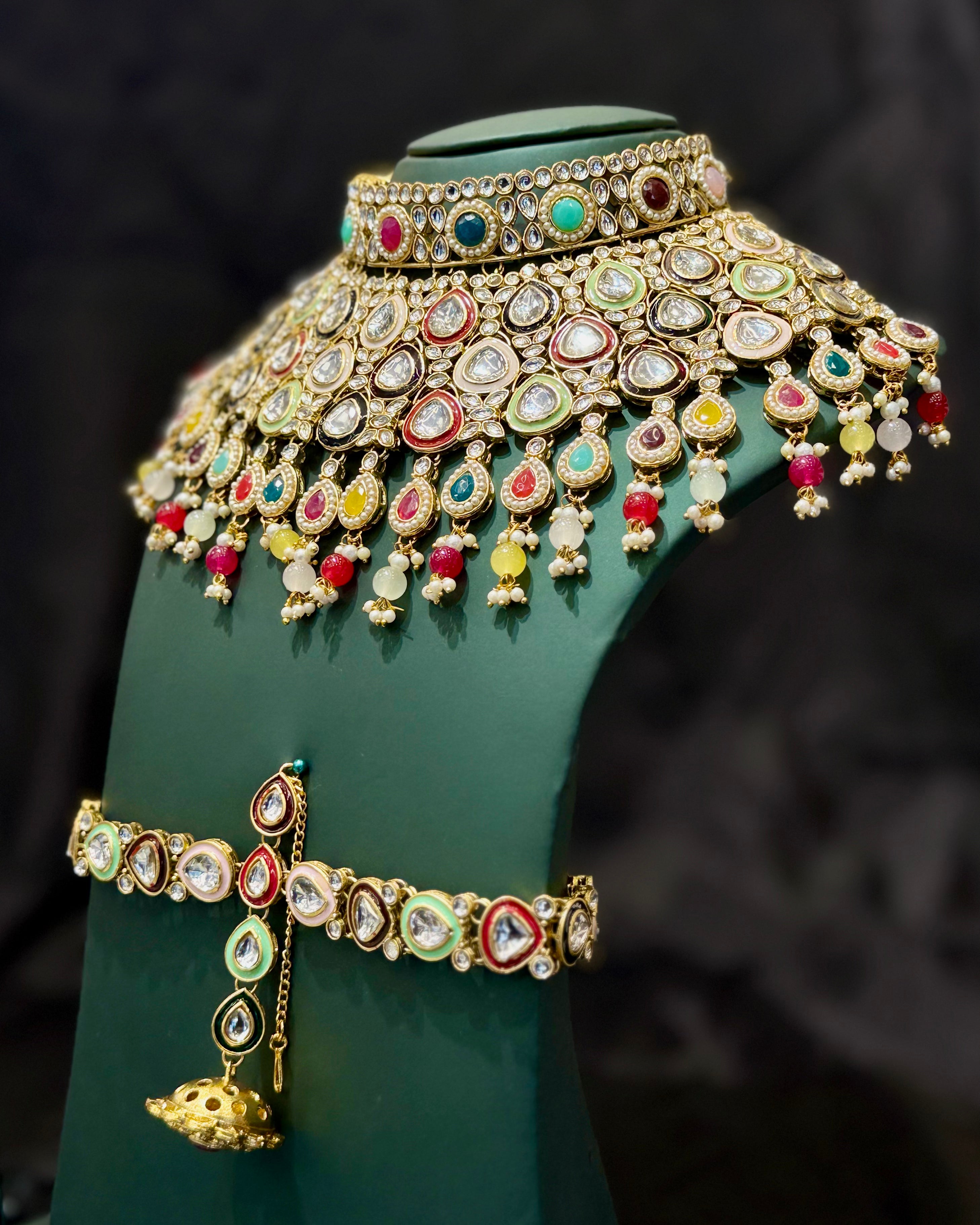 Multicolour Gold Finish Bridal Choker Necklace Set | LA8689