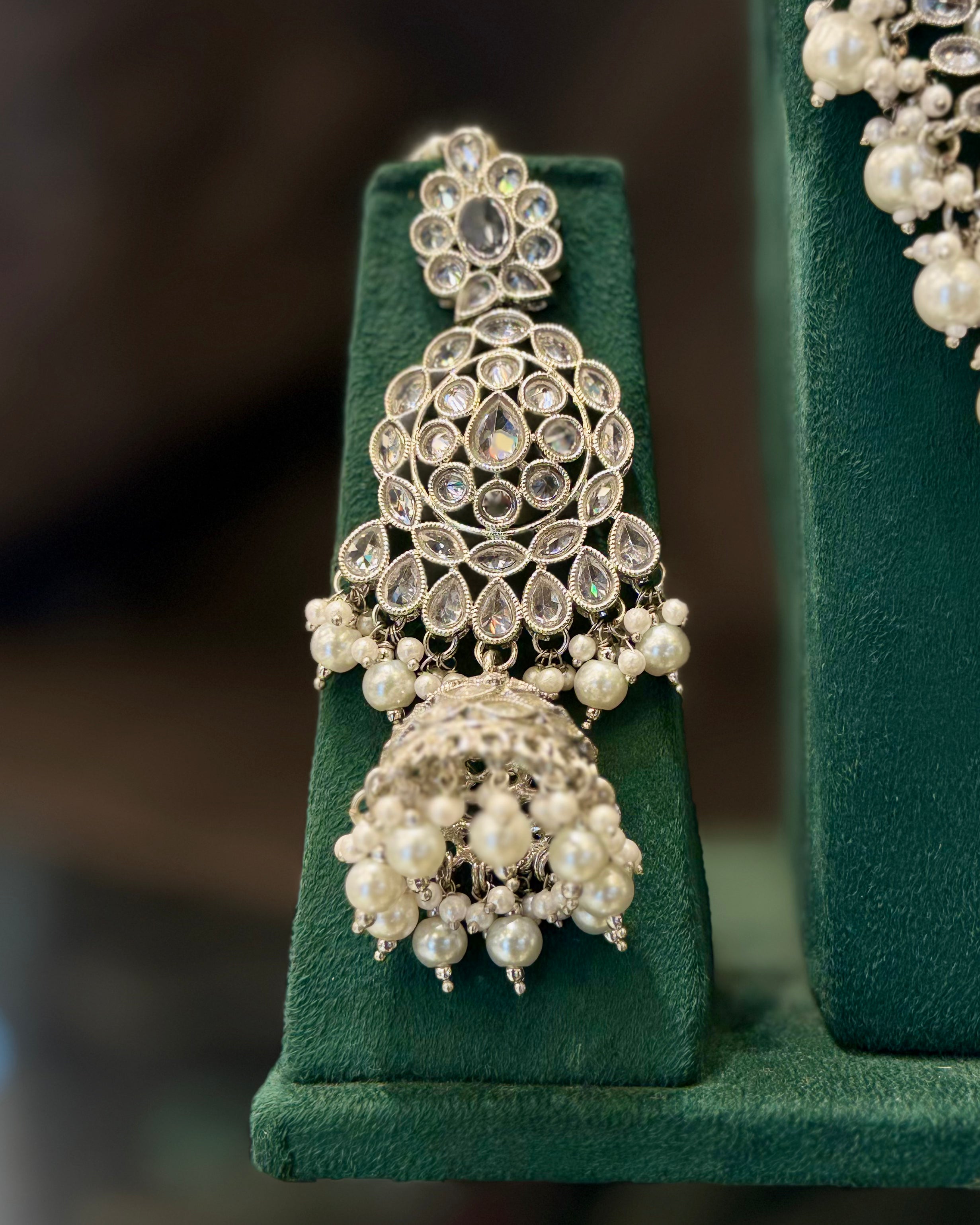 Silver Finish Pearl Bridal Necklace Set with Crystal Stones and Matching Earrings | LA8691