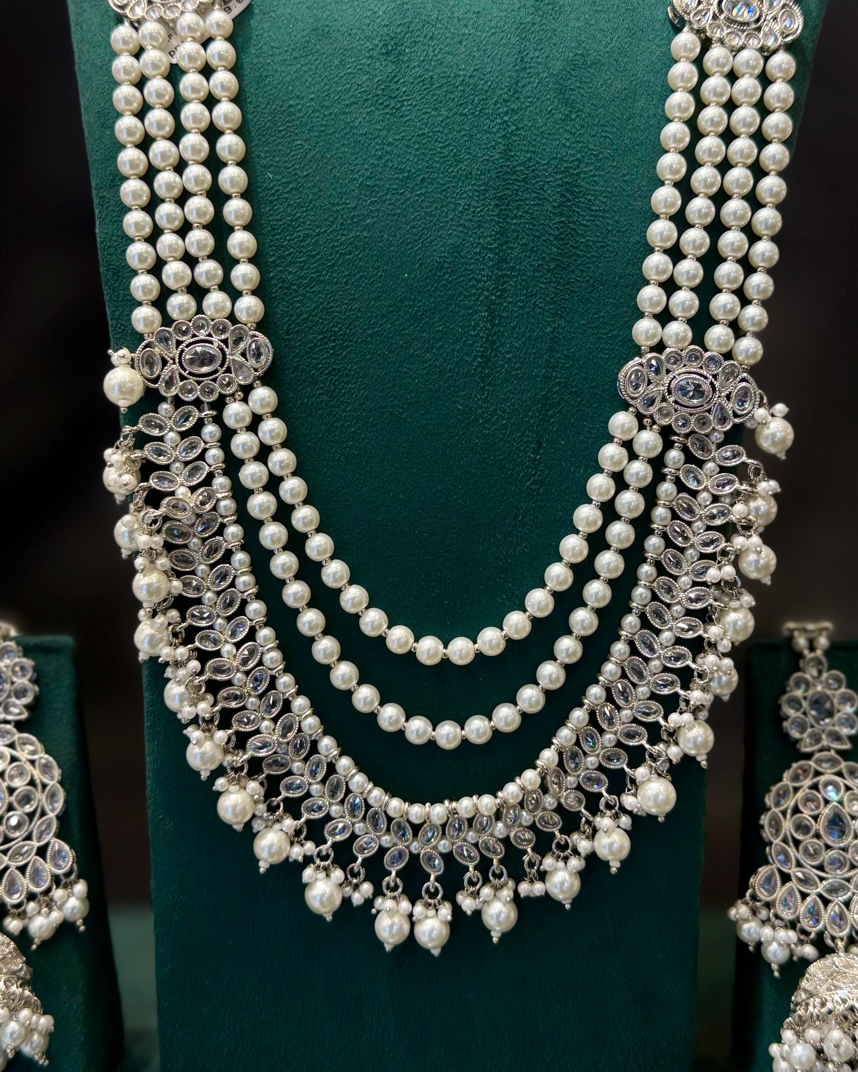 Silver Finish Pearl Bridal Necklace Set with Crystal Stones and Matching Earrings | LA8691