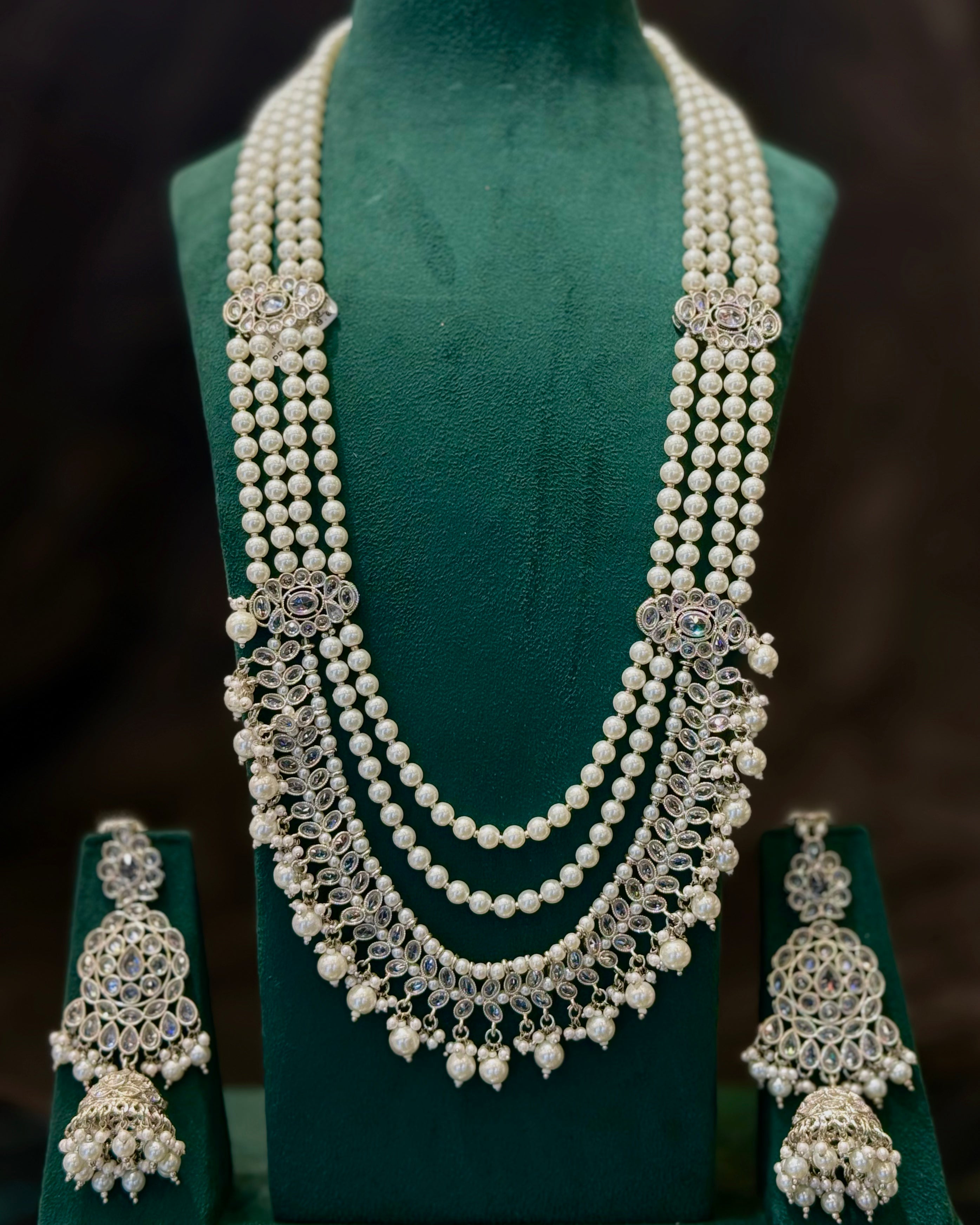 Silver Finish Pearl Bridal Necklace Set with Crystal Stones and Matching Earrings | LA8691