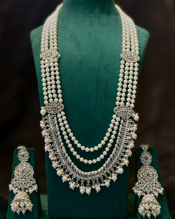 Silver Finish Pearl Bridal Necklace Set with Crystal Stones and Matching Earrings | LA8691