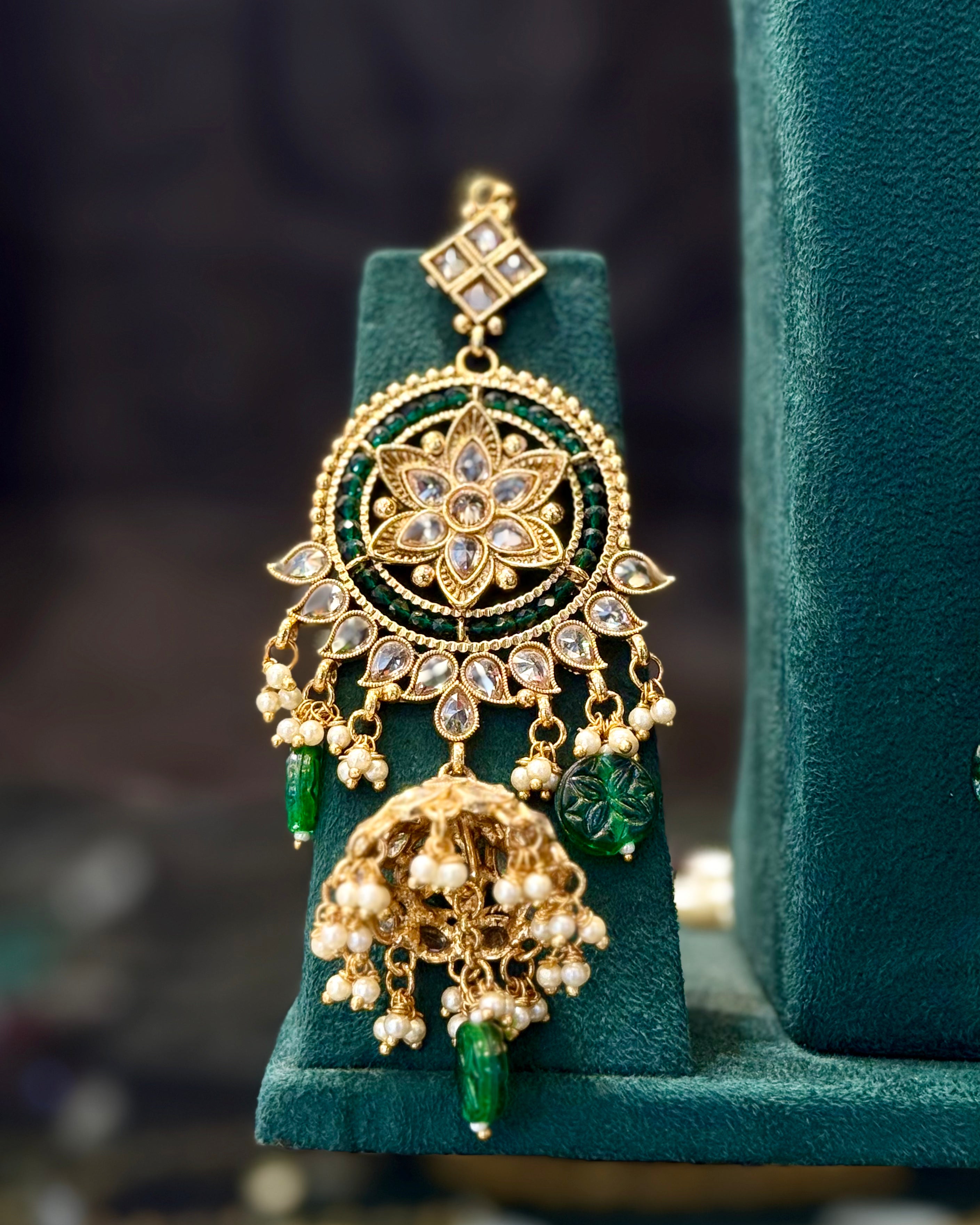 Traditional Bridal Jewellery Set with Green Beads, Floral Pendant and Matching Earrings | LA8695