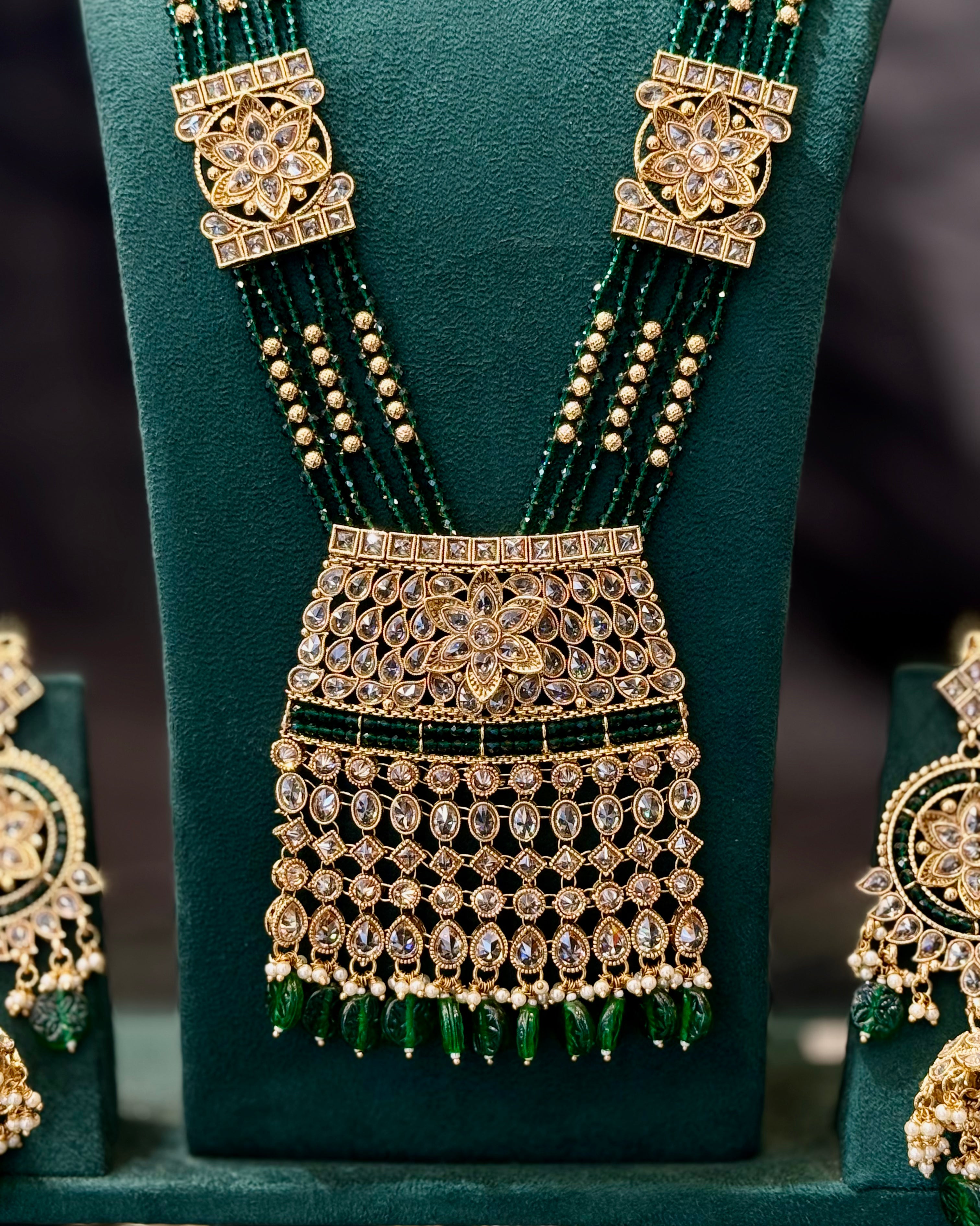 Traditional Bridal Jewellery Set with Green Beads, Floral Pendant and Matching Earrings | LA8695