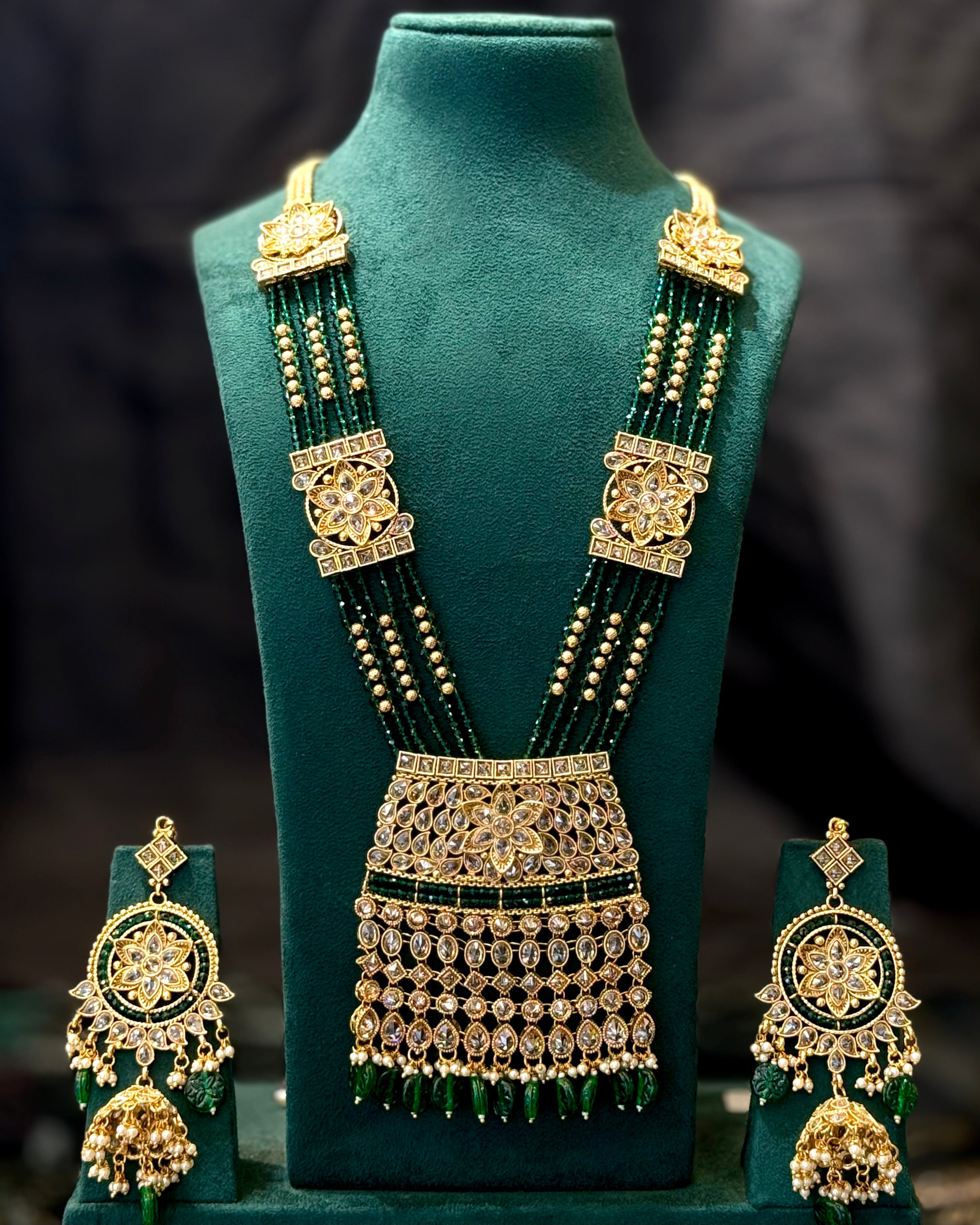 Traditional Bridal Jewellery Set with Green Beads, Floral Pendant and Matching Earrings | LA8695