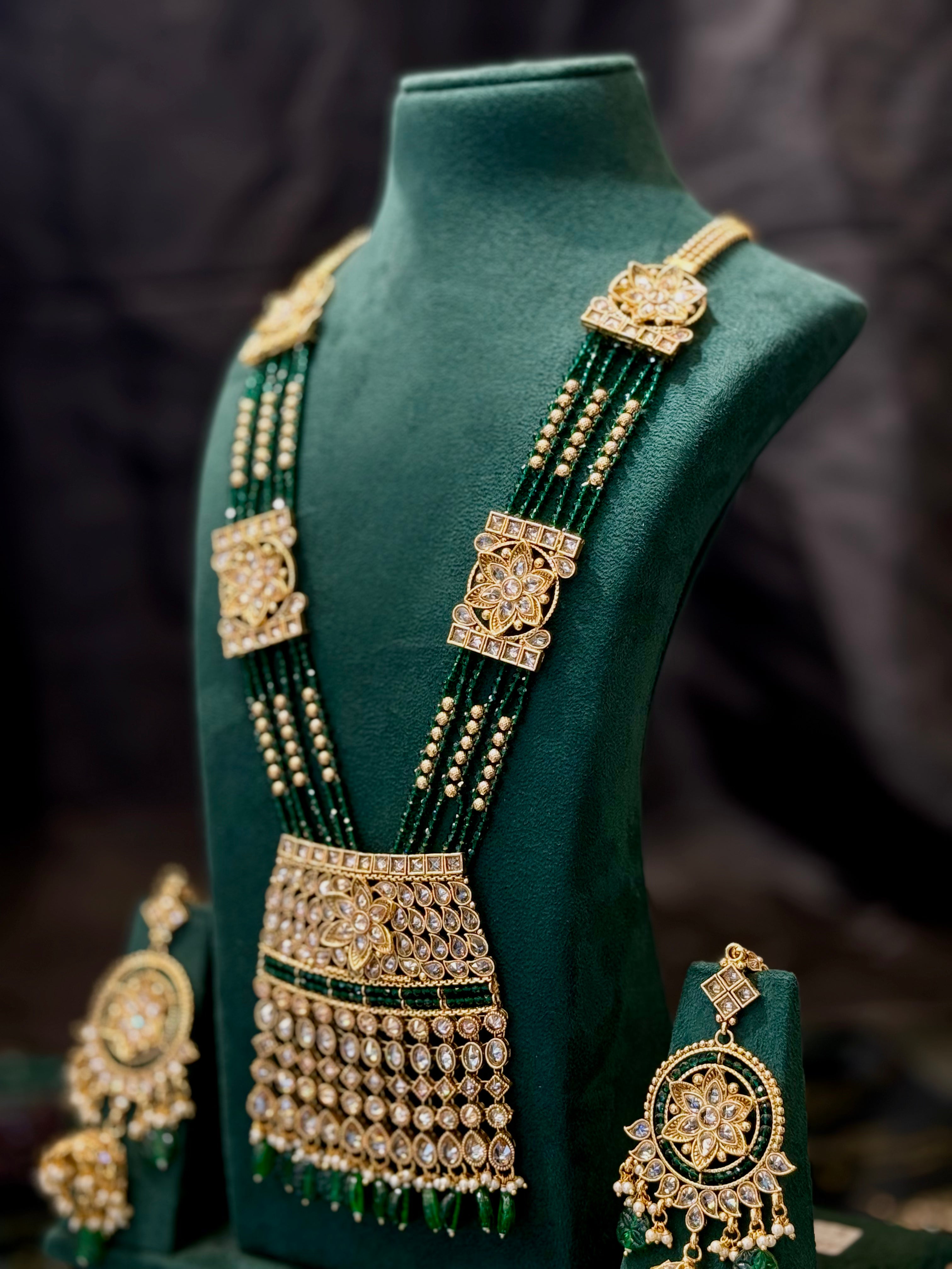 Traditional Bridal Jewellery Set with Green Beads, Floral Pendant and Matching Earrings | LA8695