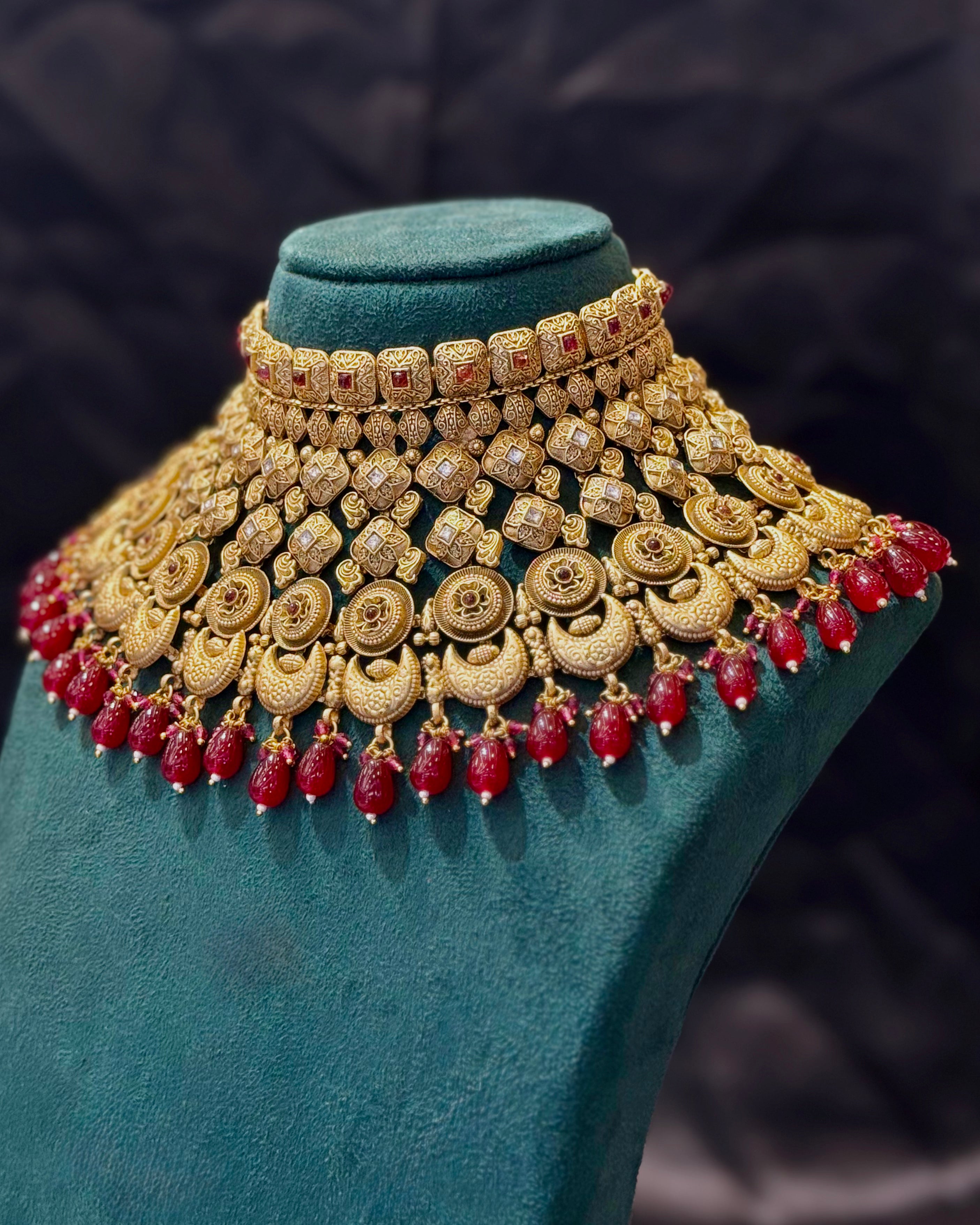 Antique Gold Plated Traditional Bridal Necklace with Royal Red Stone Drops | LA8699