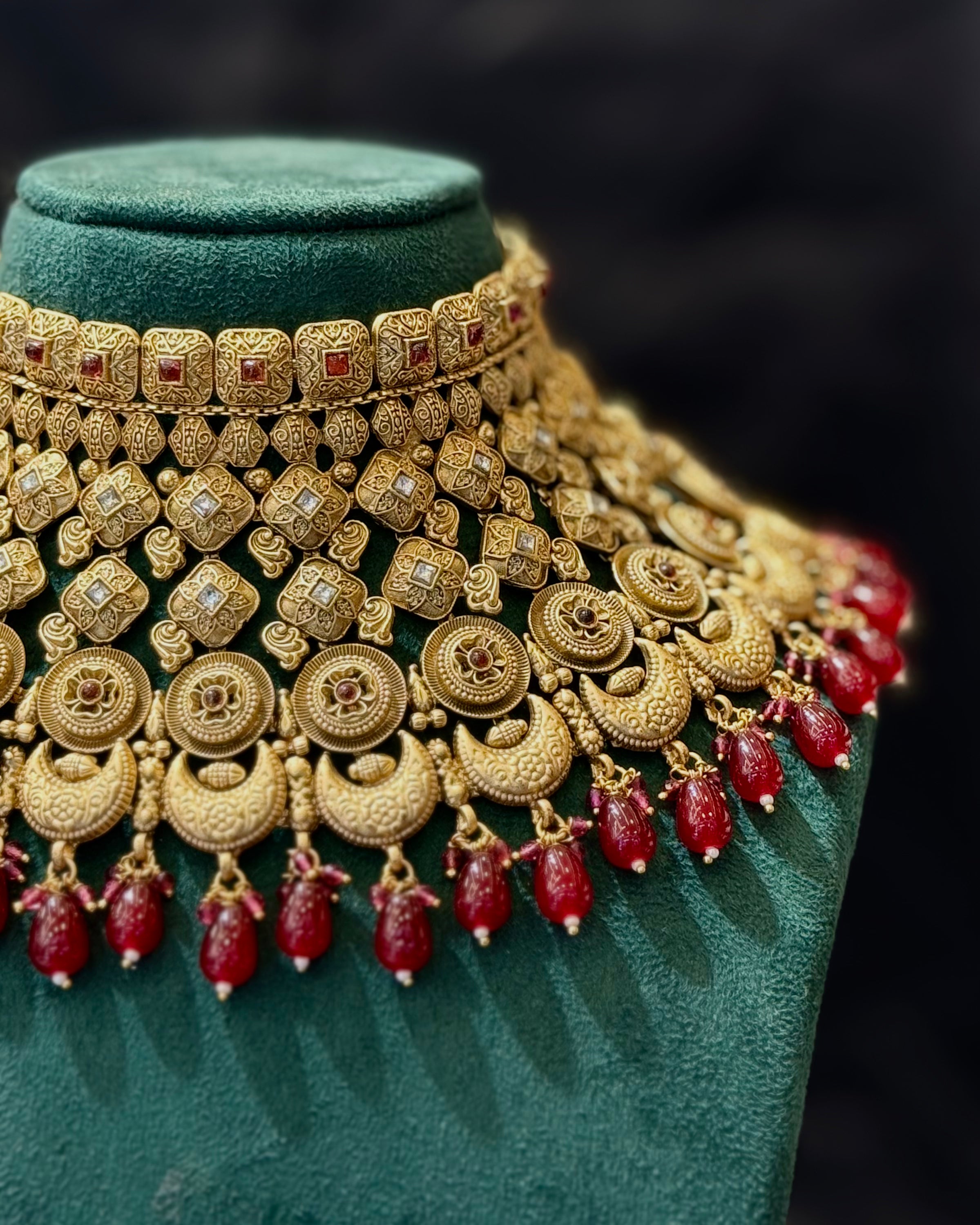 Antique Gold Plated Traditional Bridal Necklace with Royal Red Stone Drops | LA8699