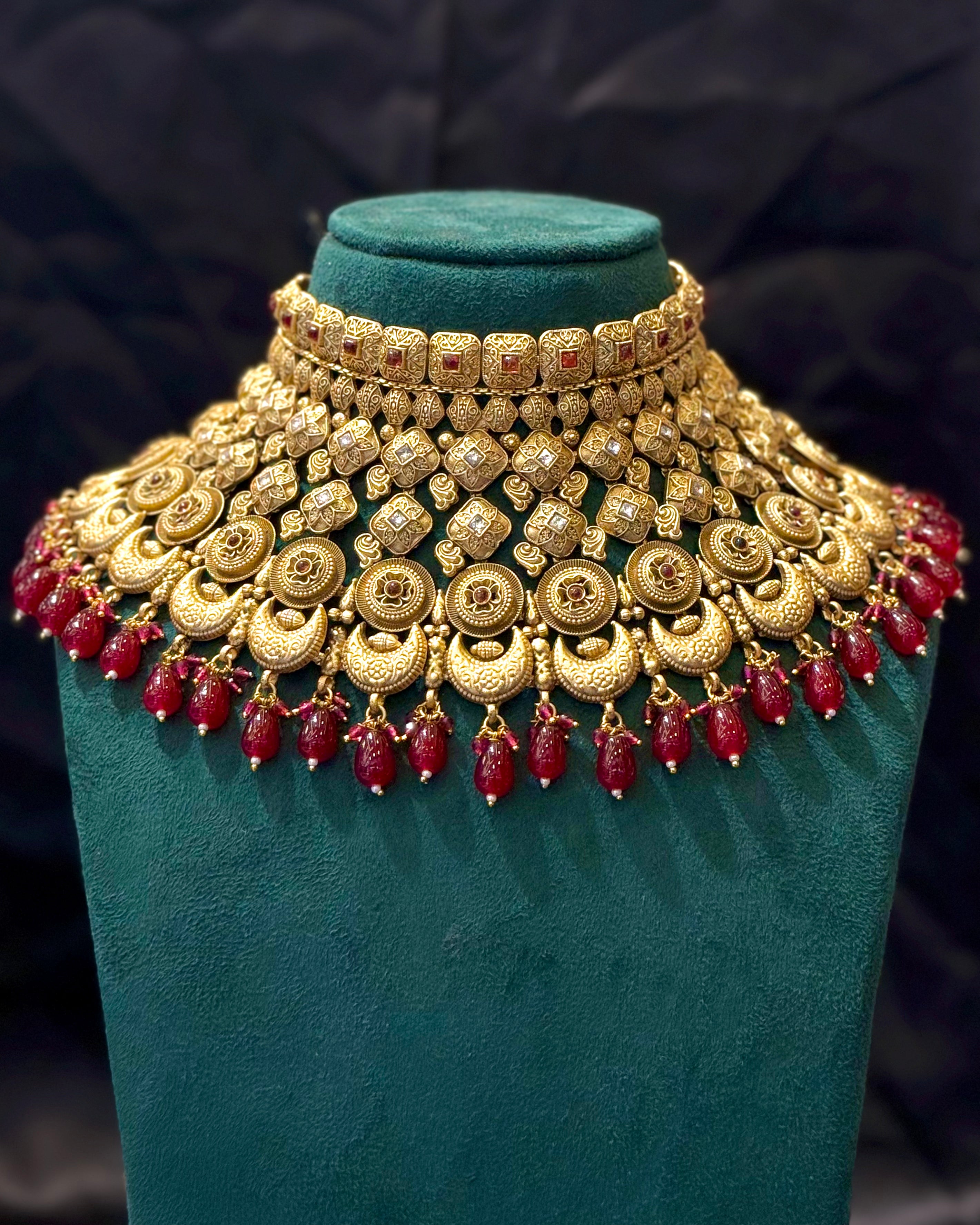 Antique Gold Plated Traditional Bridal Necklace with Royal Red Stone Drops | LA8699