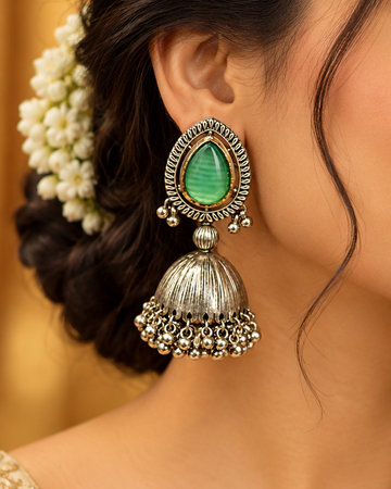 Teardrop Stone Oxidized Jhumka Earrings | L9852