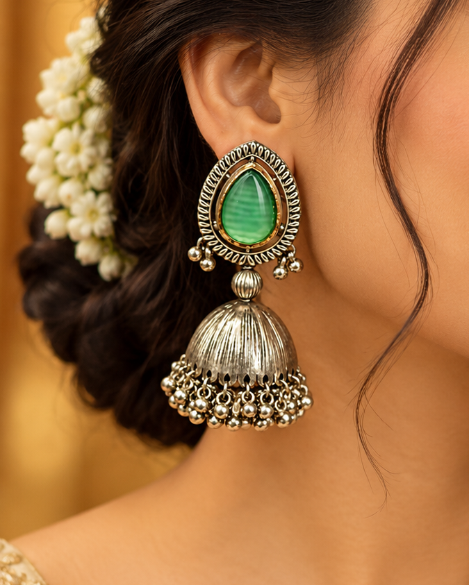 Teardrop Stone Oxidized Jhumka Earrings | L9852