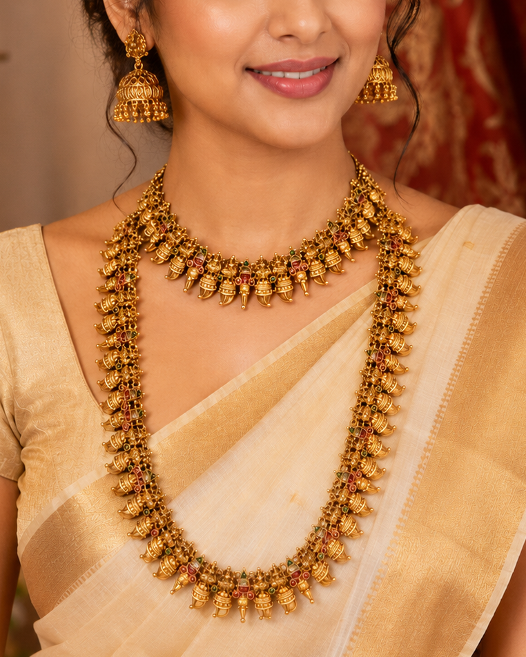 Gold Ganesha Motif Bridal Haaram, Choker & Jhumka Set | P7