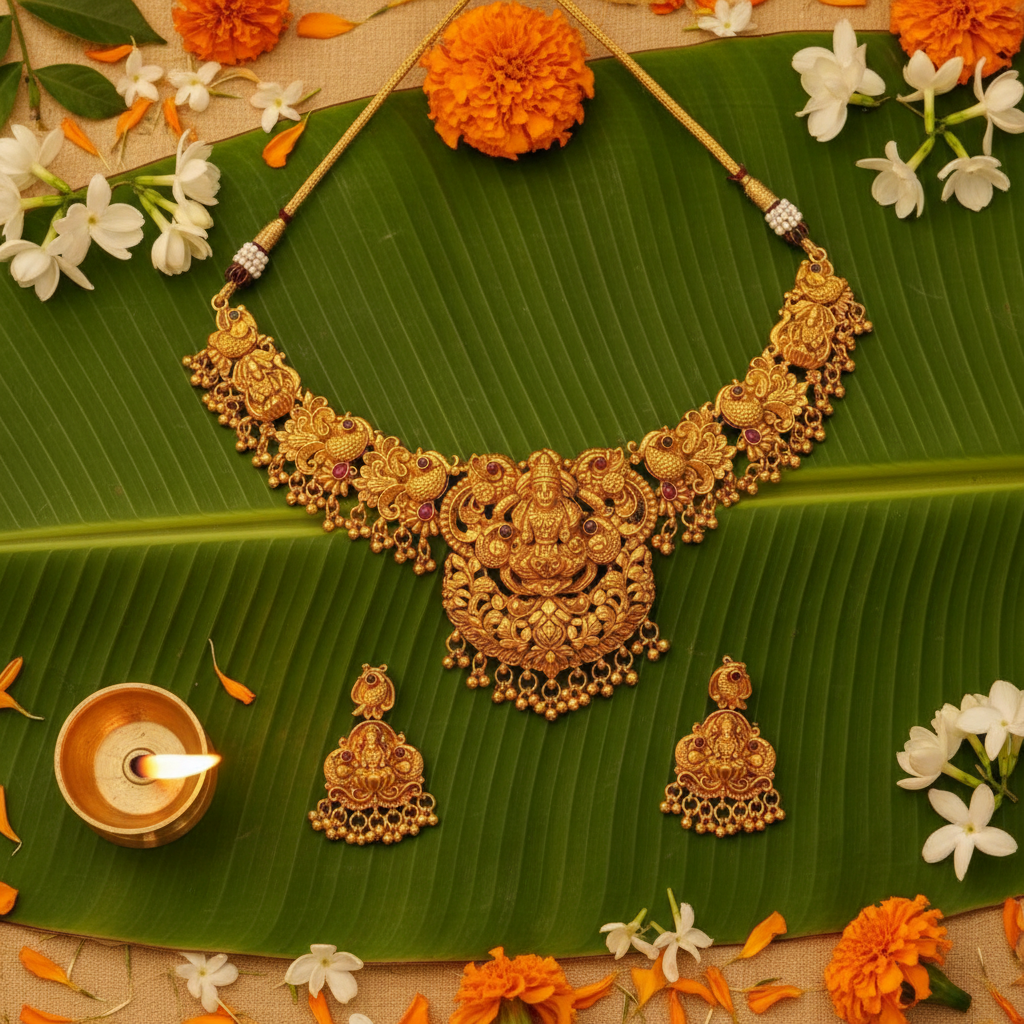 Gold Lakshmi Temple Necklace Set with Jhumka Earrings | LLB0221