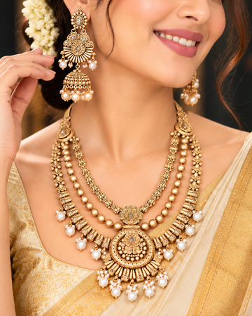 Antique Gold Finish Bridal Necklace Set with Pearl Drop Jhumka Earrings | LB8688
