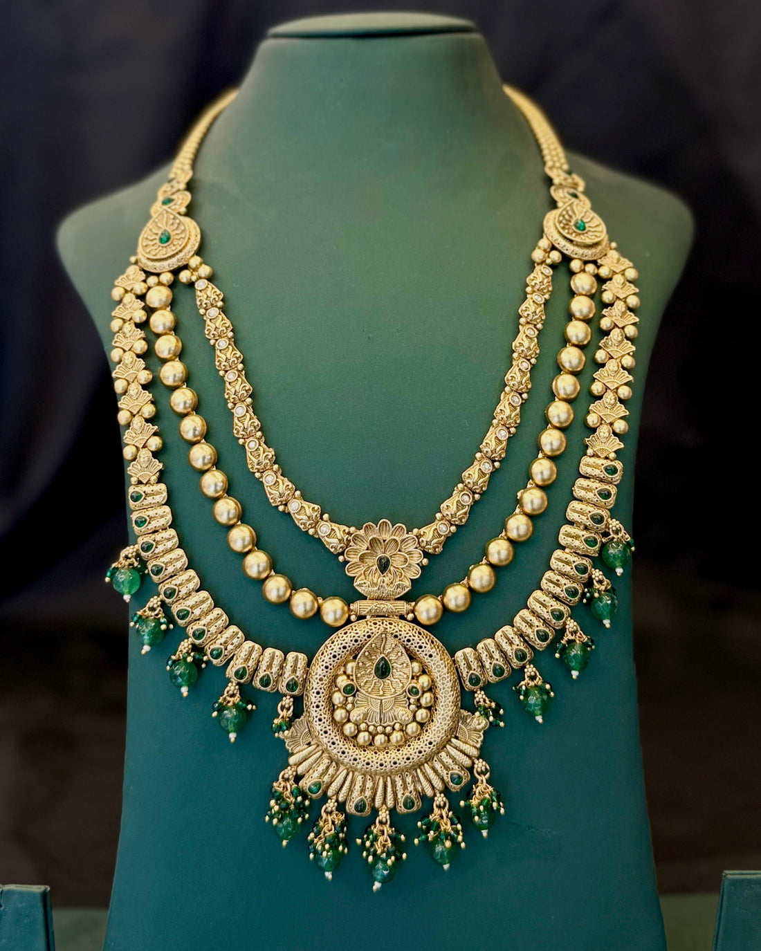 Antique Gold Necklace Set with Green Stone Jhumka Earrings for Bridal Wear | LD8688
