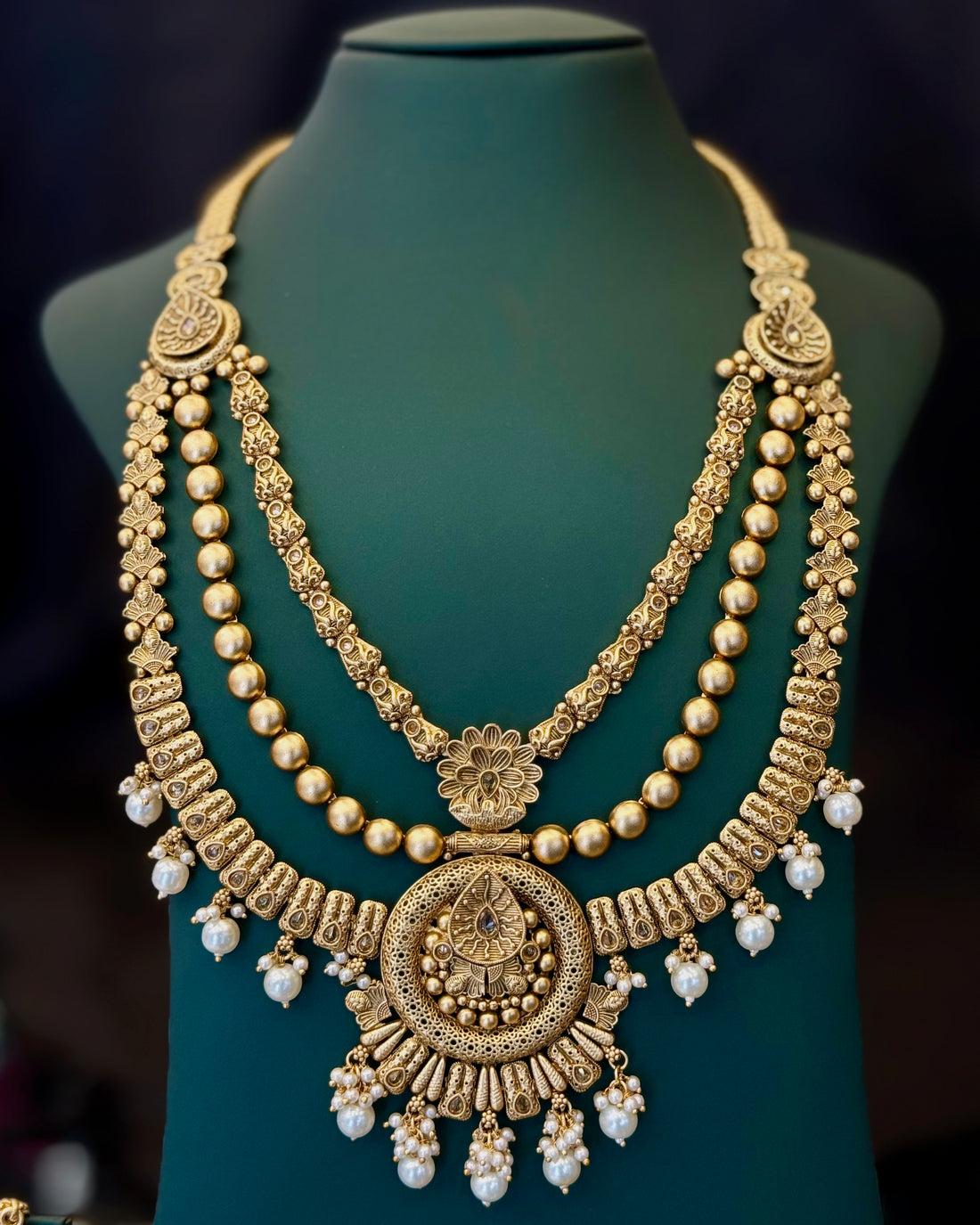 Antique Gold Finish Bridal Necklace Set with Pearl Drop Jhumka Earrings | LB8688