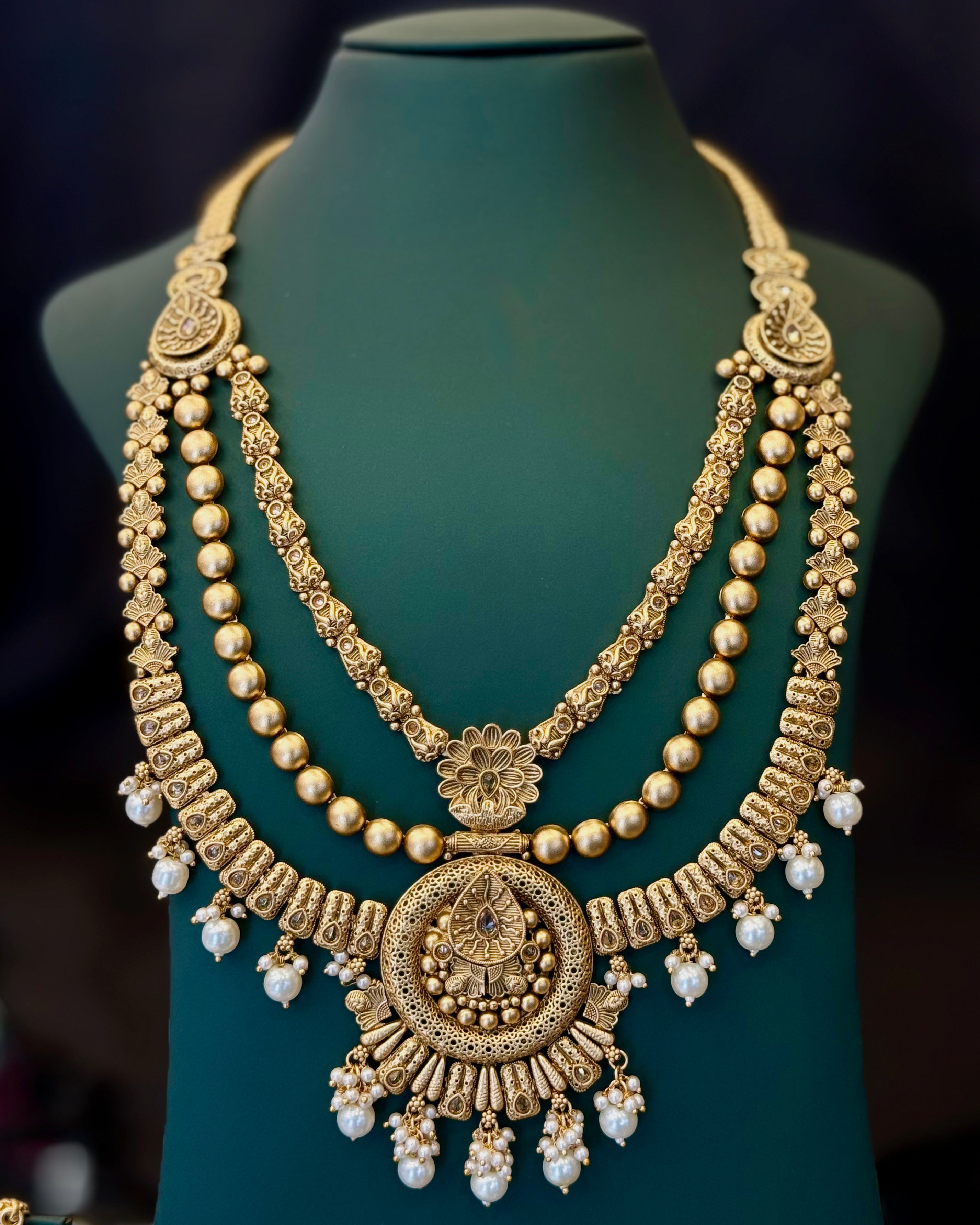 Antique Gold Finish Bridal Necklace Set with Pearl Drop Jhumka Earrings | LB8688