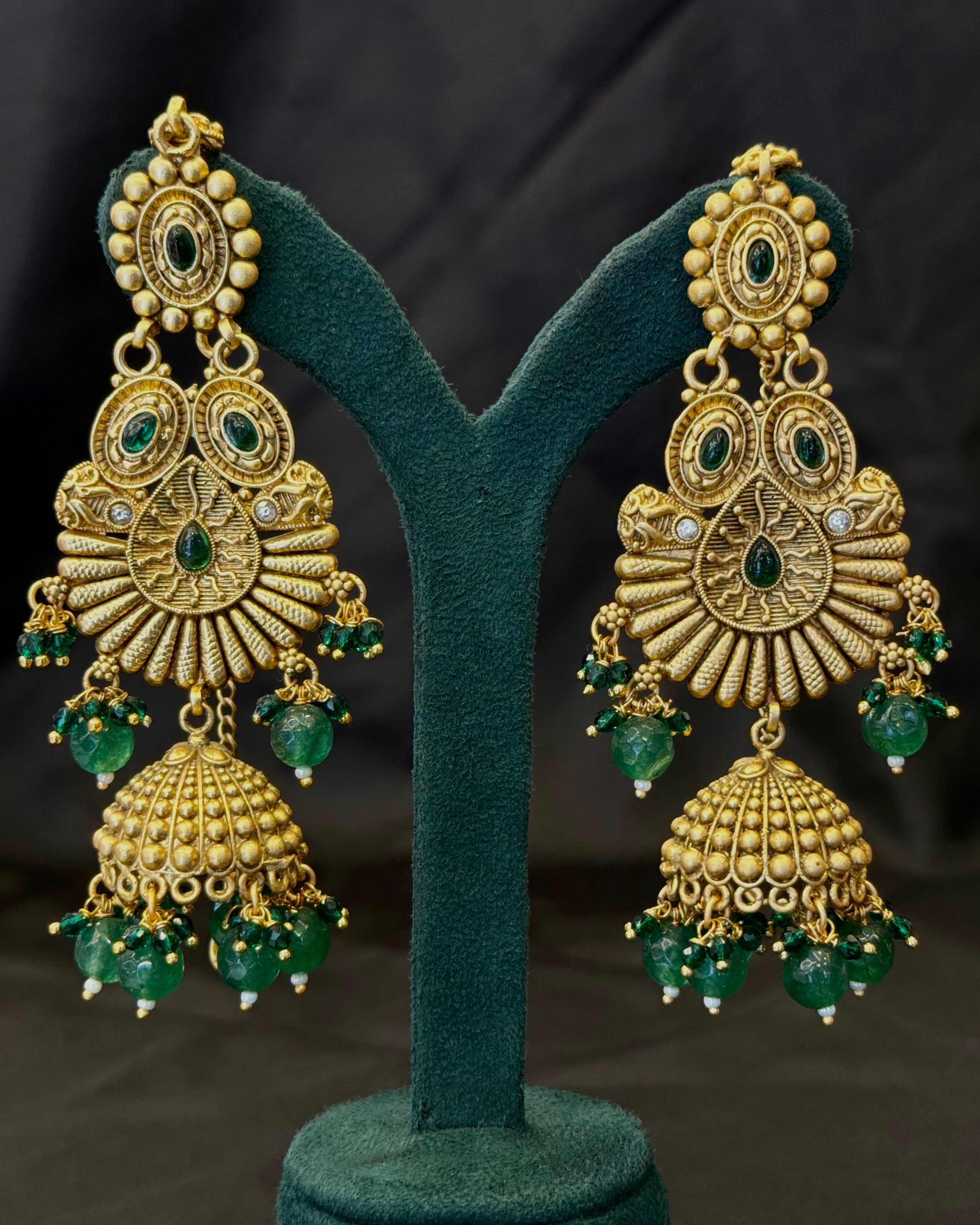 Antique Gold Necklace Set with Green Stone Jhumka Earrings for Bridal Wear | LD8688