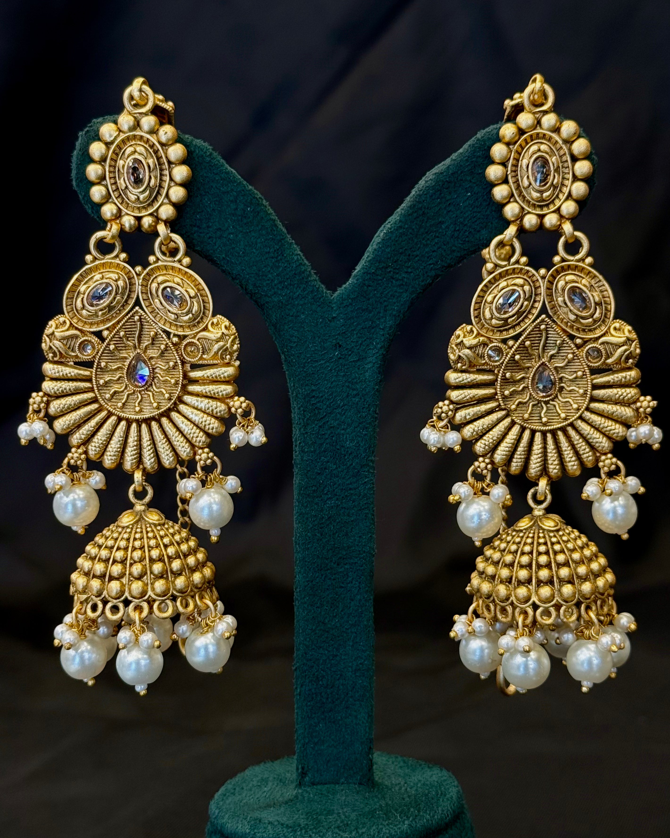 Antique Gold Finish Bridal Necklace Set with Pearl Drop Jhumka Earrings | LB8688