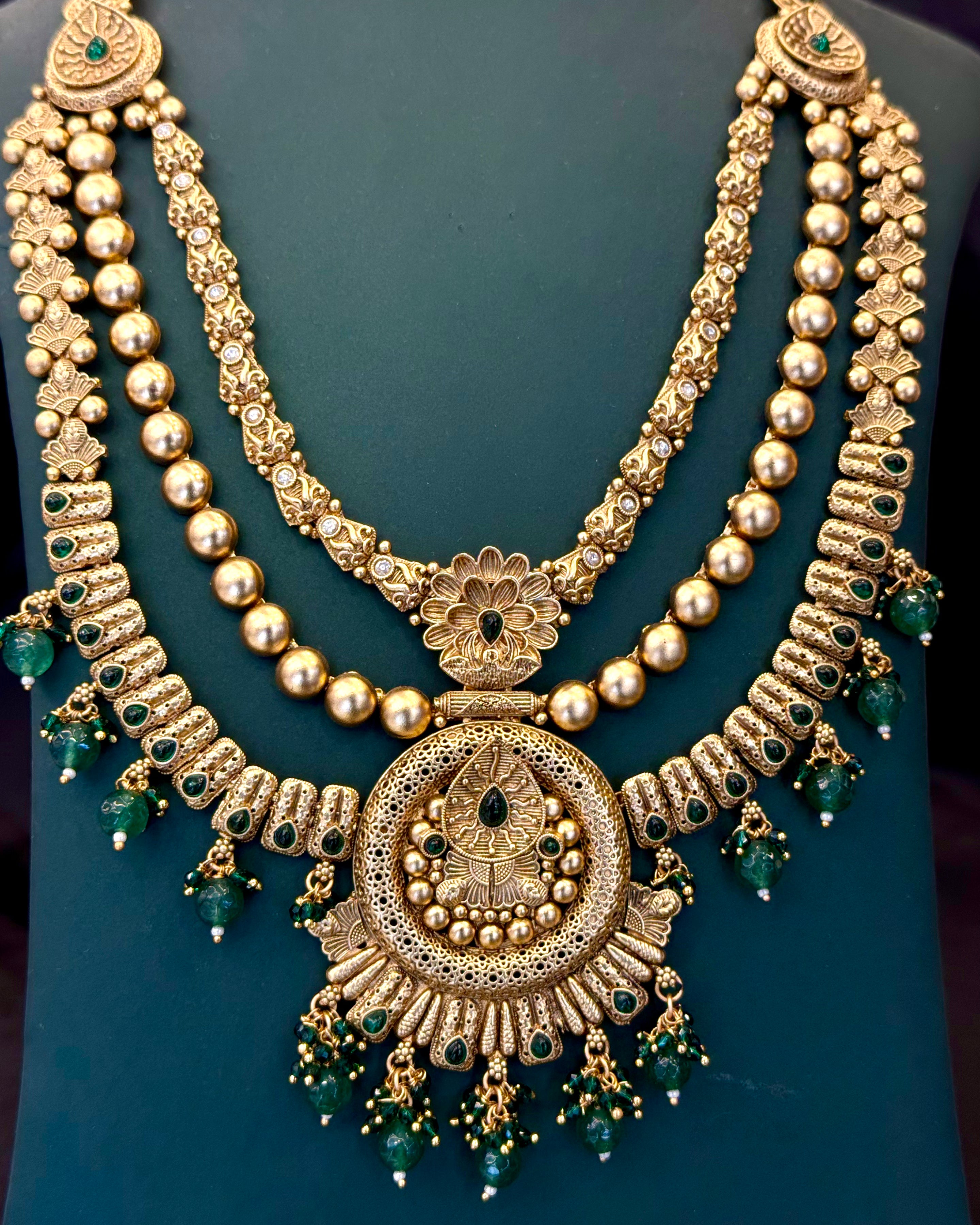 Antique Gold Necklace Set with Green Stone Jhumka Earrings for Bridal Wear | LD8688