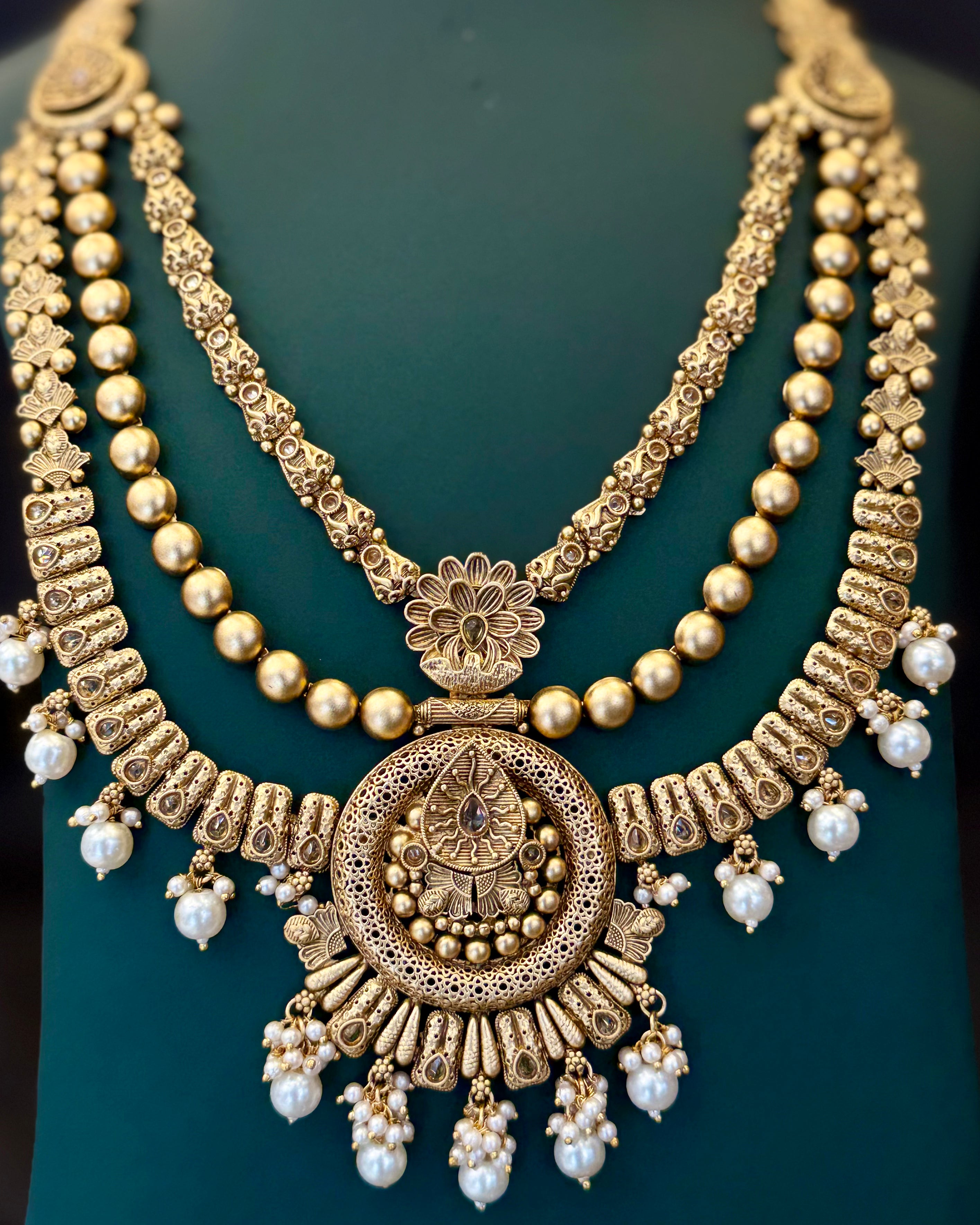 Antique Gold Finish Bridal Necklace Set with Pearl Drop Jhumka Earrings | LB8688