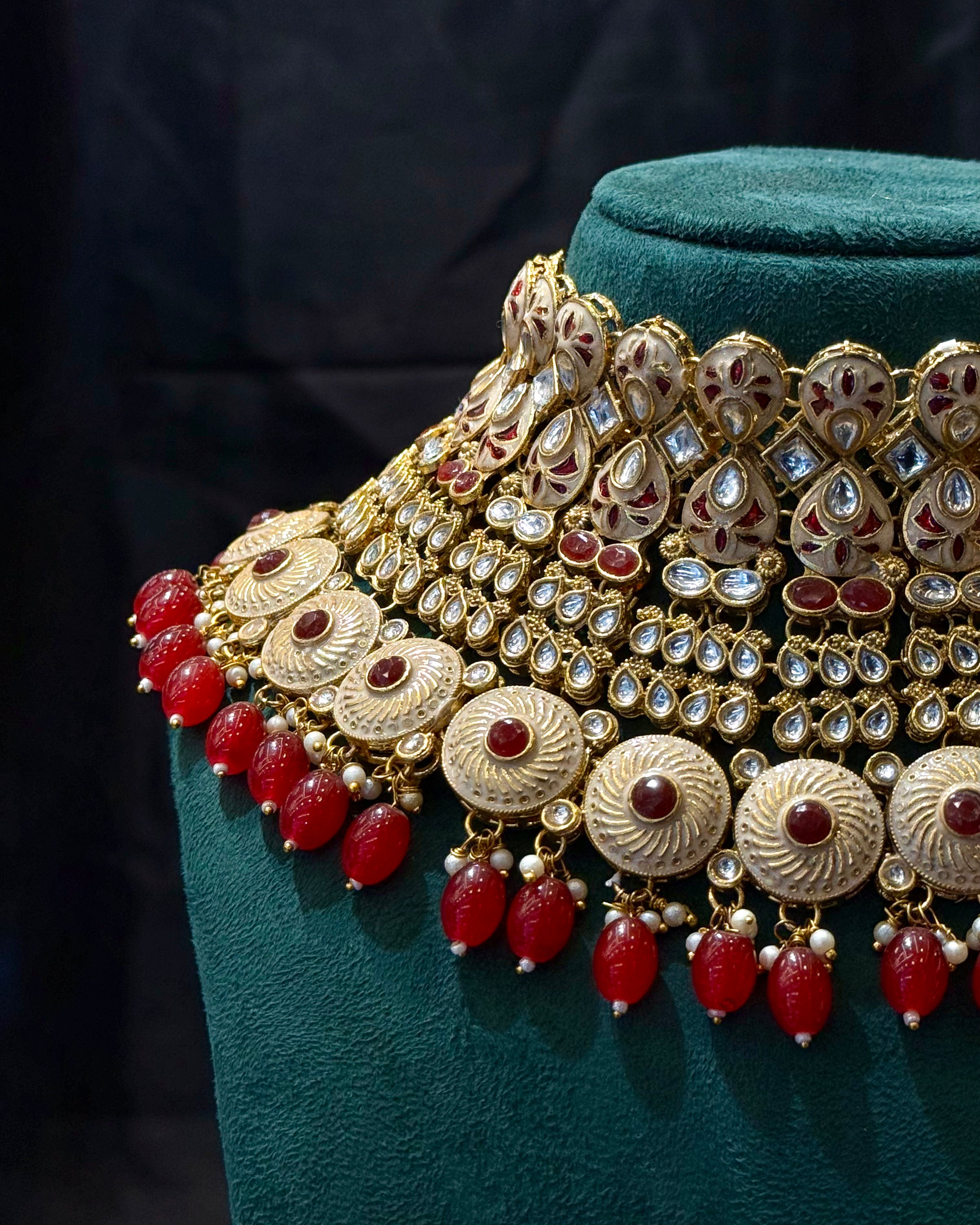 Traditional Bridal Jewellery Set with Red Beads and White Stone Embellishments | L8692