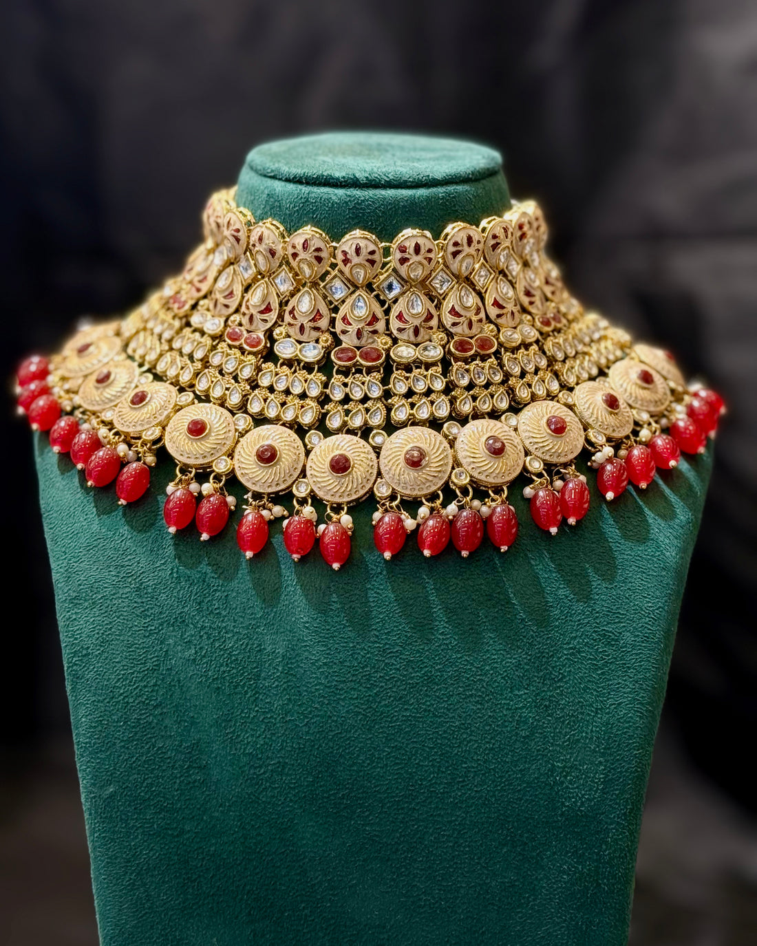 Traditional Bridal Jewellery Set with Red Beads and White Stone Embellishments | L8692