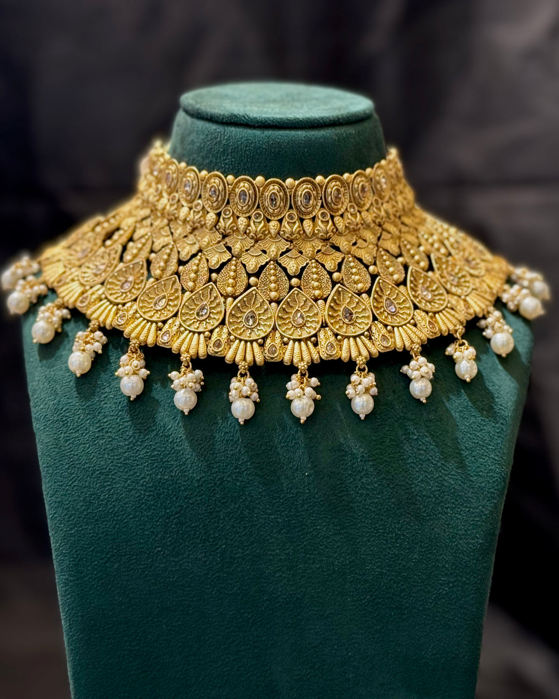 Traditional Bridal Jewellery Set with White Pearl Drops and Gold-Tone Finish | LC8688
