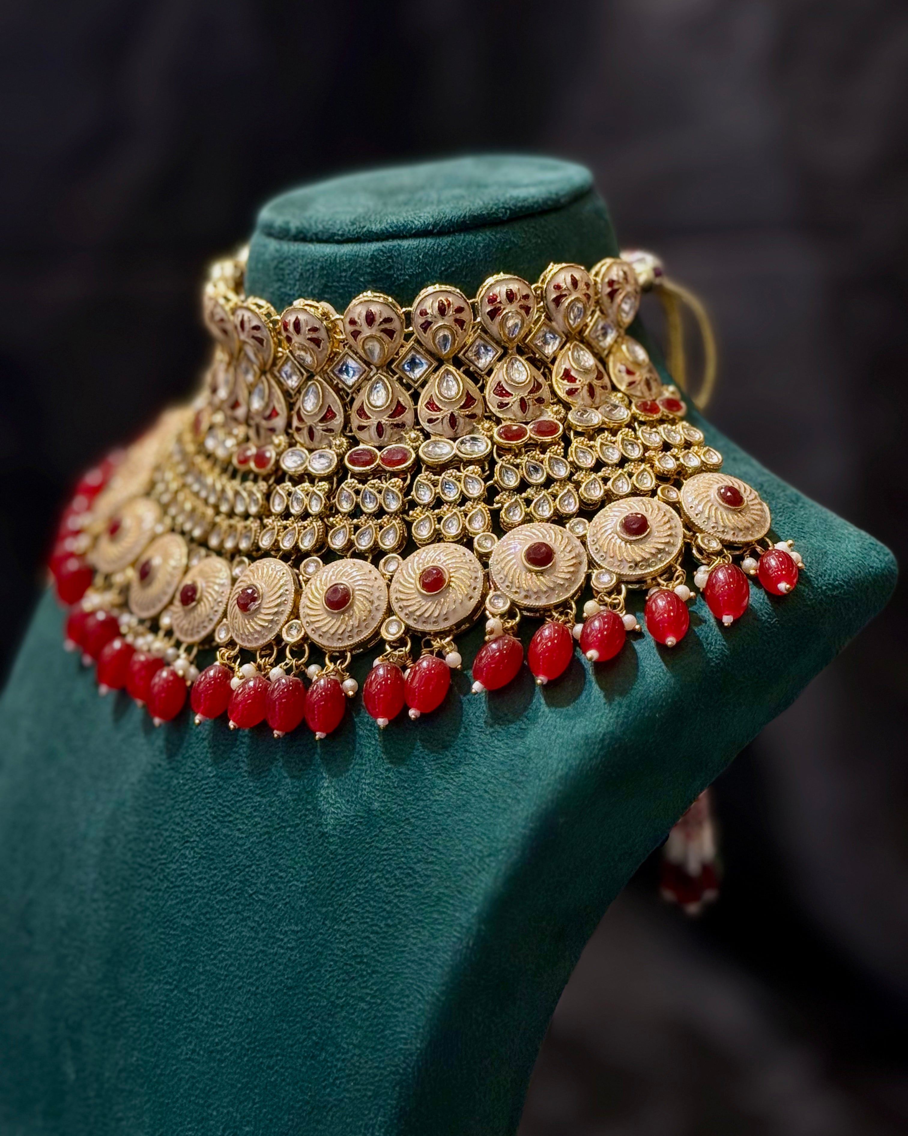 Traditional Bridal Jewellery Set with Red Beads and White Stone Embellishments | L8692
