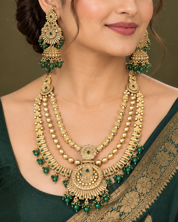 Antique Gold Necklace Set with Green Stone Jhumka Earrings for Bridal Wear | LD8688