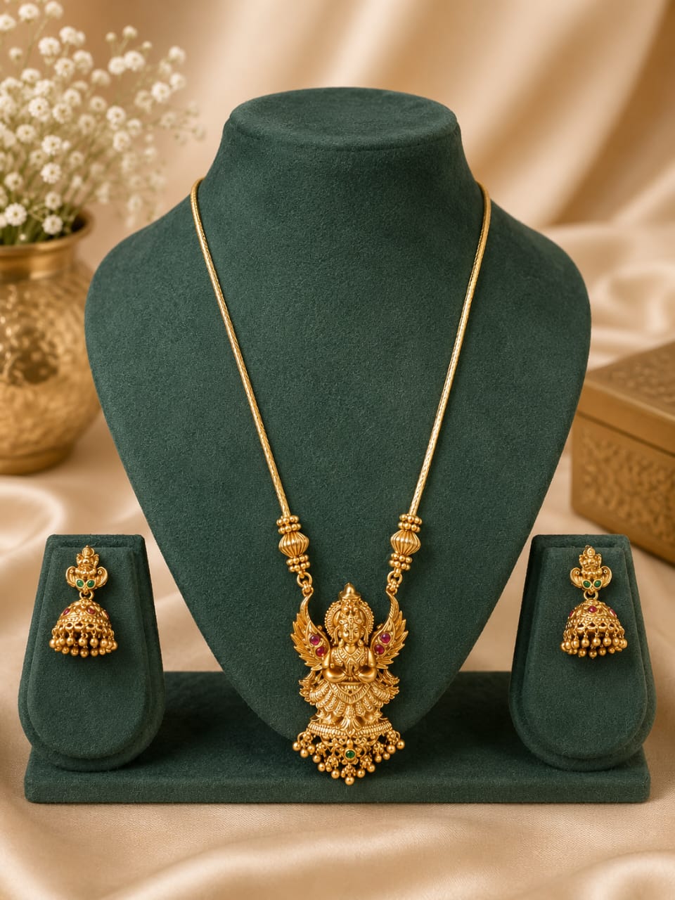 Gold Nakshi Lakshmi Temple Pendant Long Necklace Set | OL 09