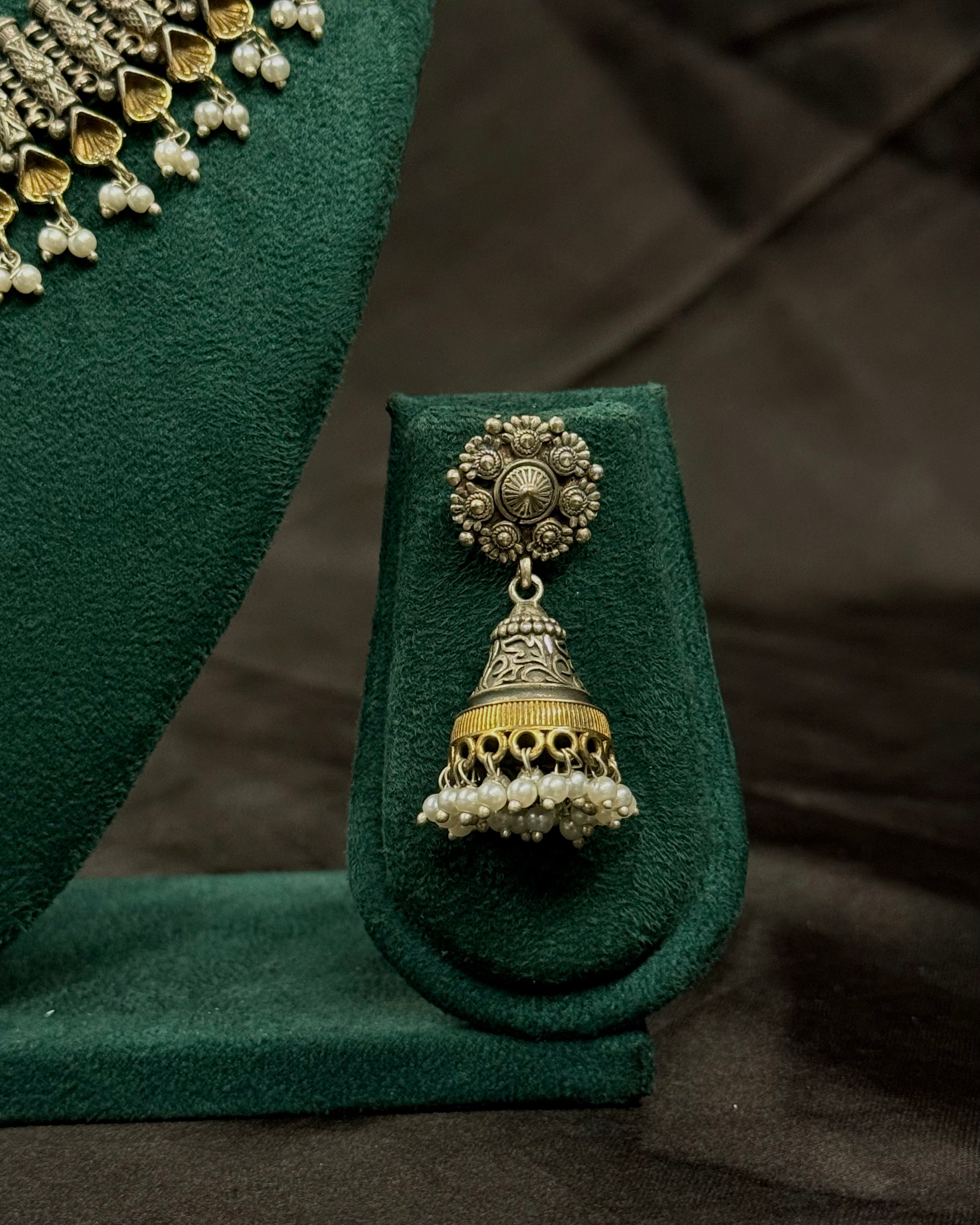 Oxidized Silver Temple Necklace Set with Pearl Drops & Matching Jhumka Earrings | LLB0252