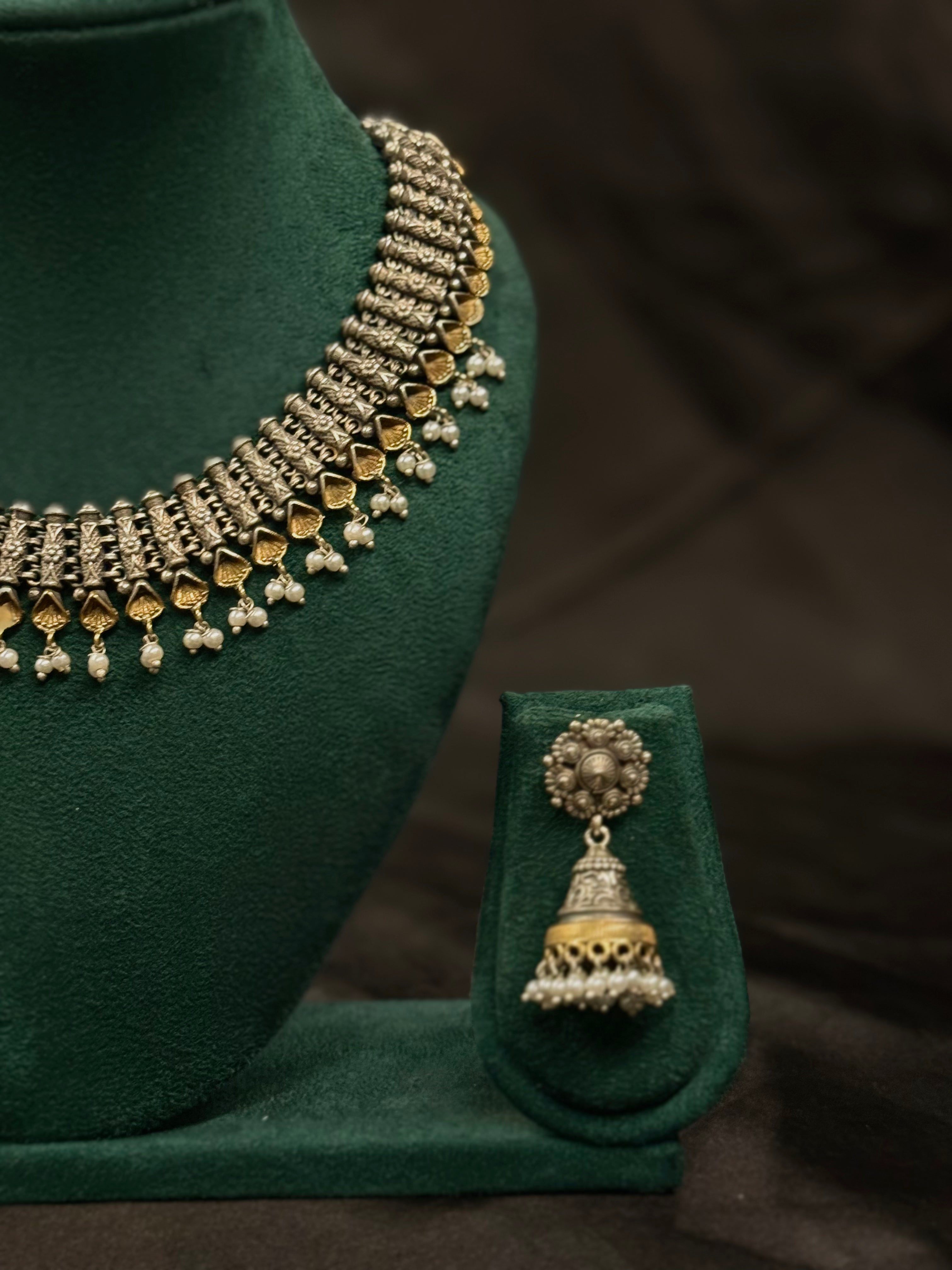 Oxidized Silver Temple Necklace Set with Pearl Drops & Matching Jhumka Earrings | LLB0252
